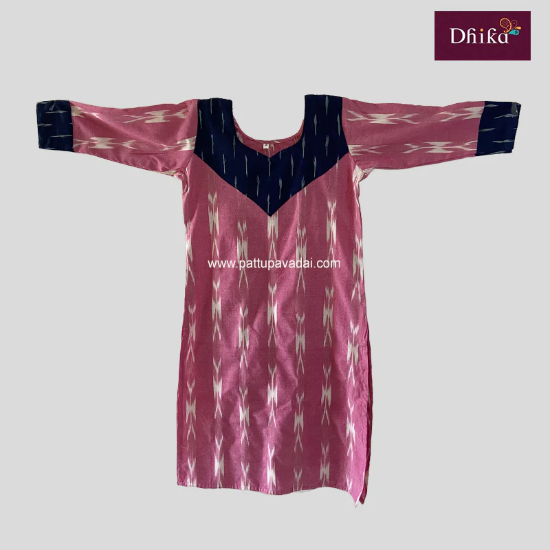 Baby Pink Ikkat Cotton Kurti – Soft & Breathable Traditional Wear for Women - Image 2