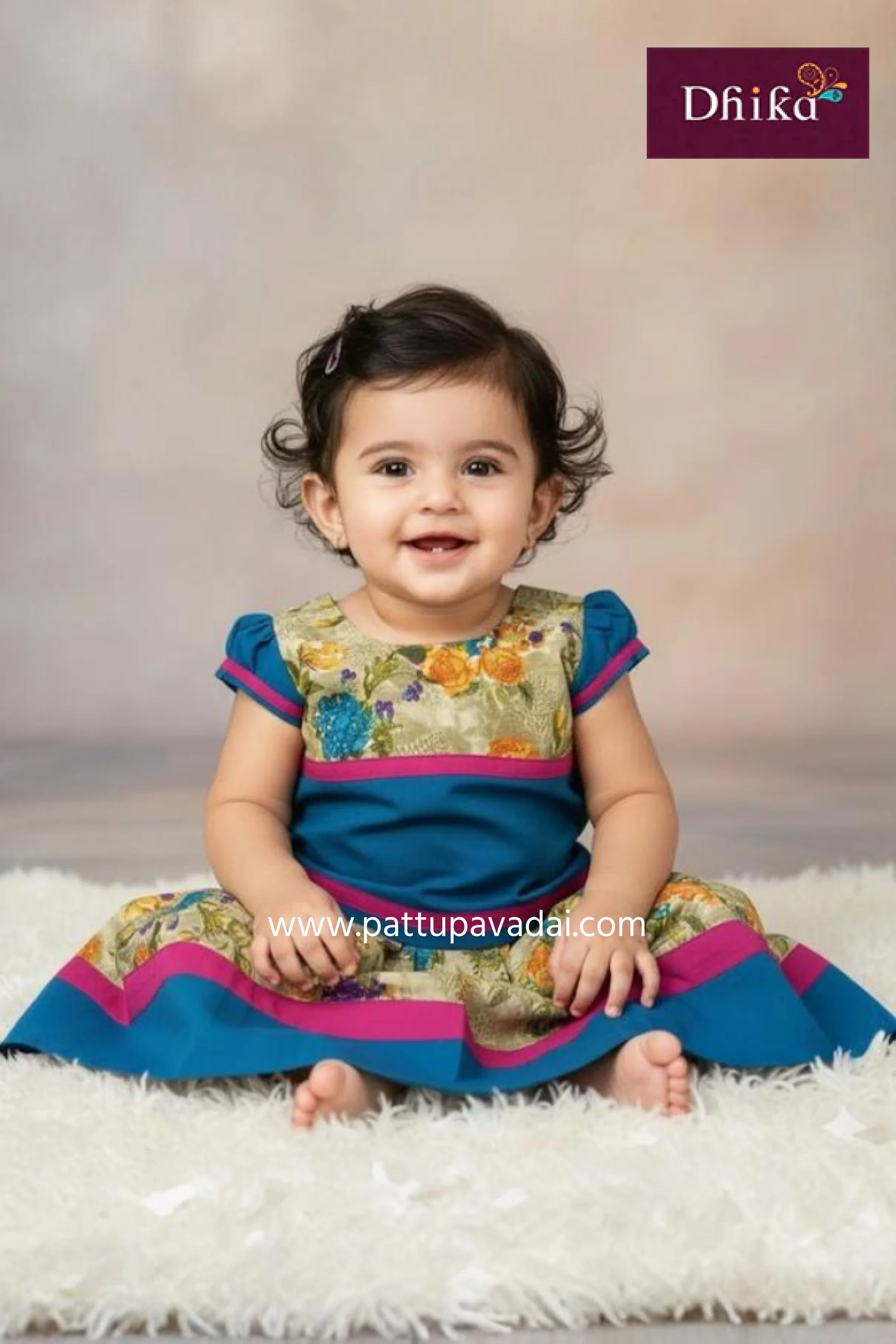 Beautiful Floral Cotton Pavadai Set Rama Blue – Traditional Kids Pavadai with Puff Sleeve Blouse
