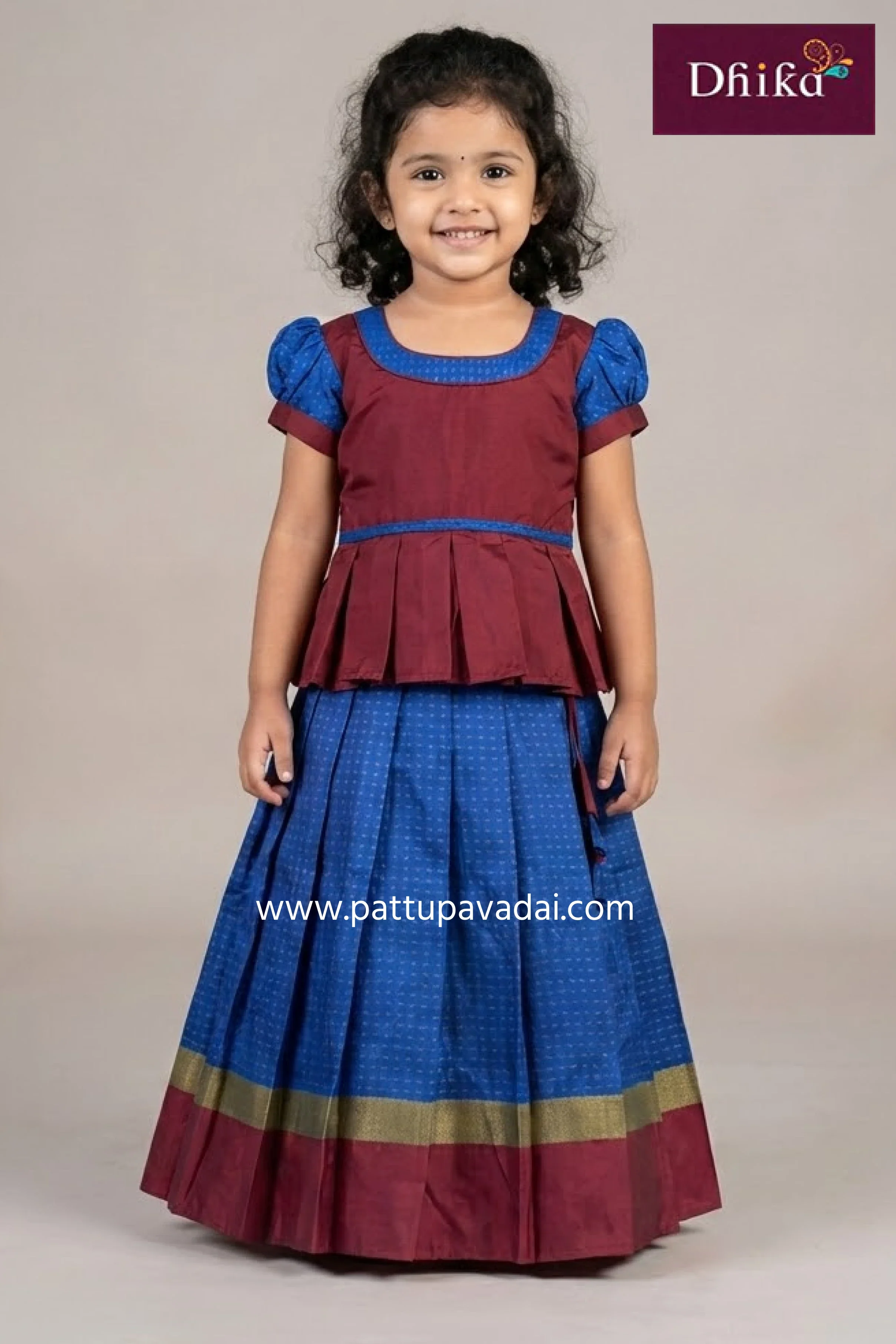 Blue and Maroon Silk Cotton Pavadai – Traditional Festive Skirt Set for Girls