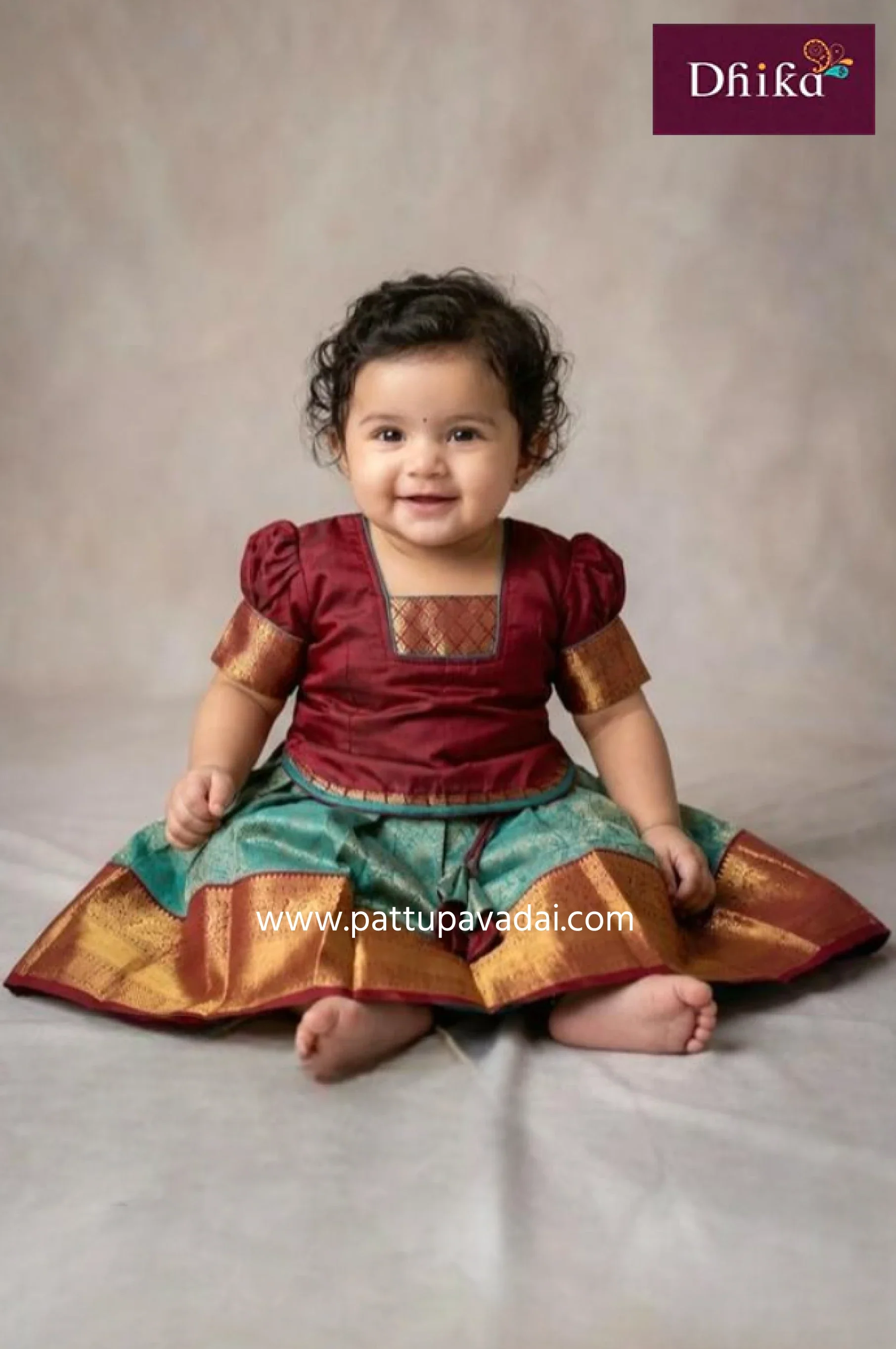 Kids Blue and Maroon Silk Pavadai – Zari Pattern Skirt with Annam Border and Puff Sleeve Blouse