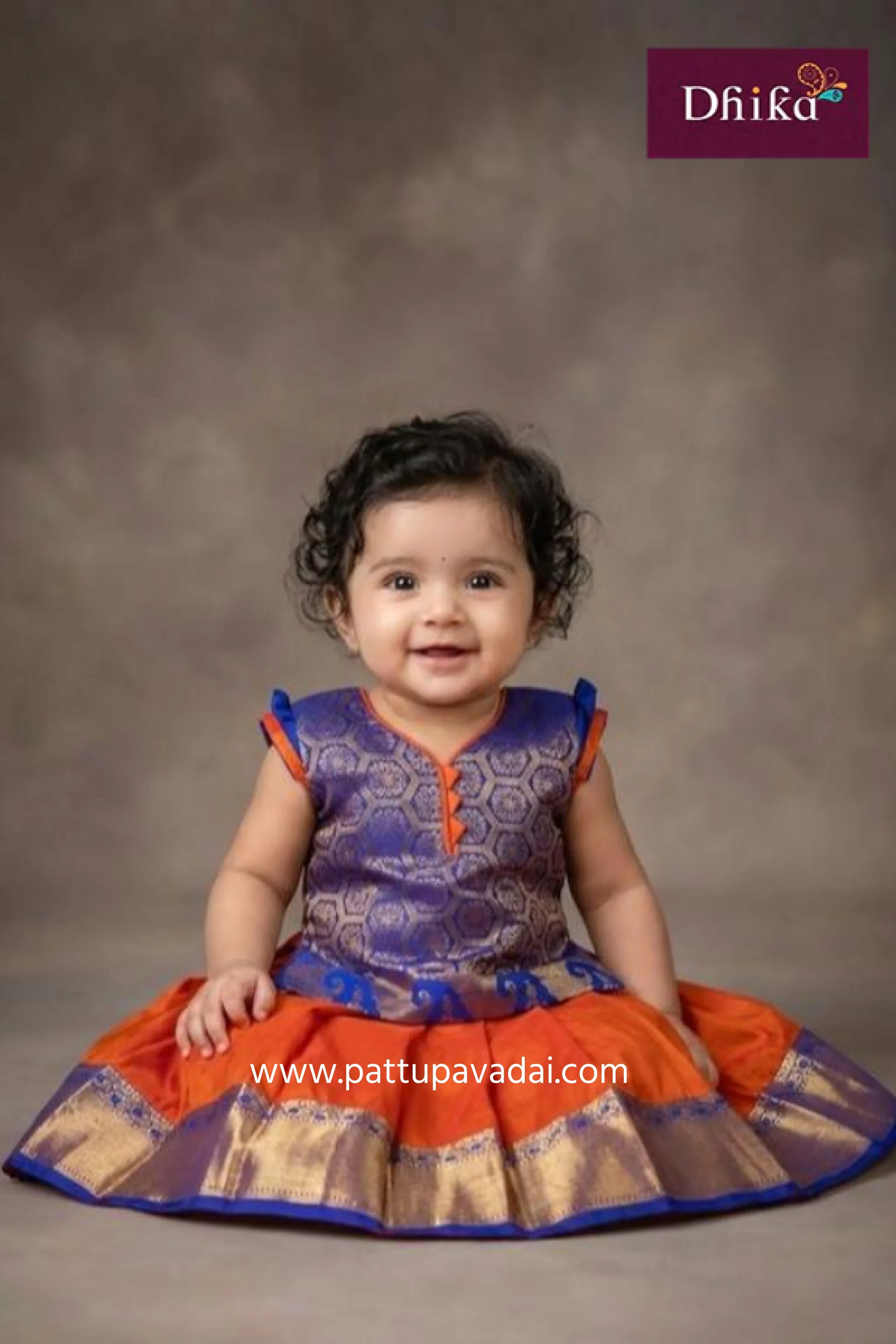 Blue & Orange Soft Silk Pavadai – Designer Festive Wear for Kids