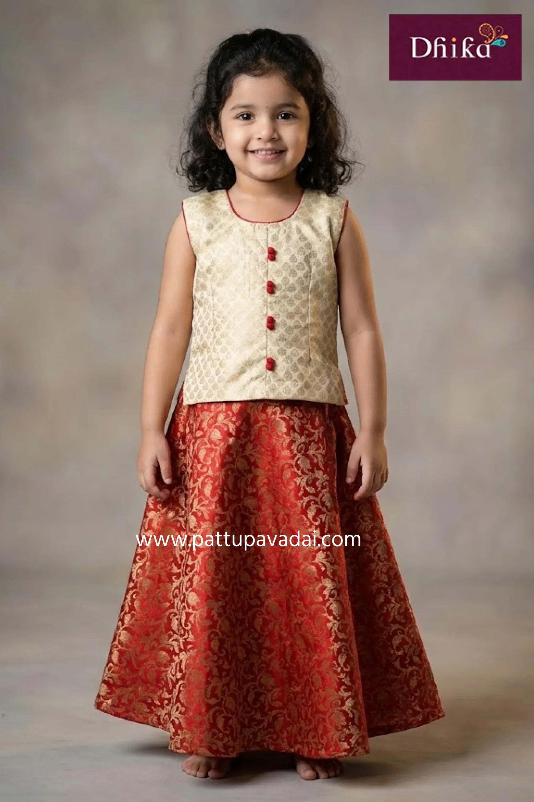 Kids Brocade Fancy Langa Sandal and Red – Zari Skirt with Traditional Hanging Work Top Set