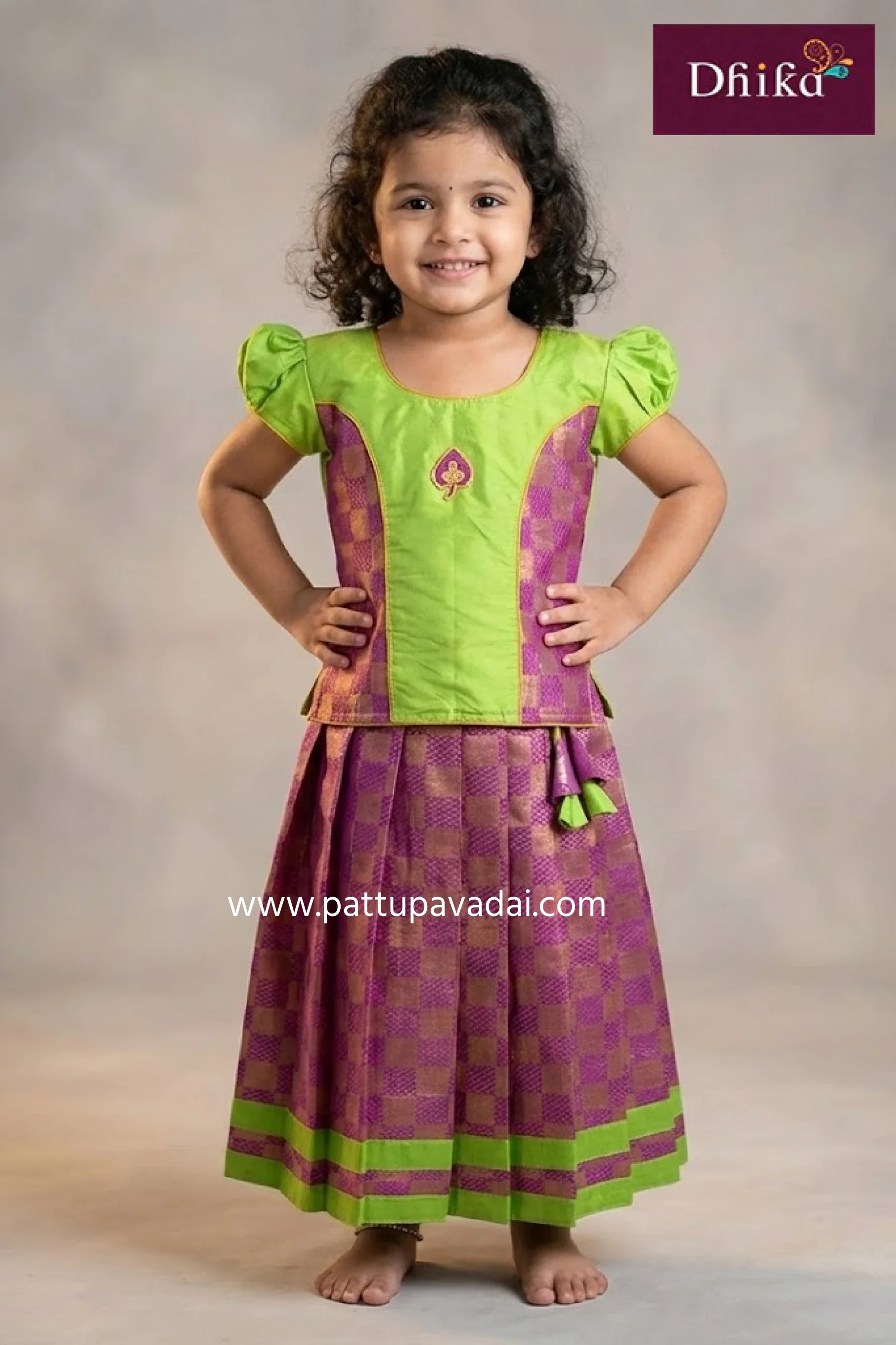 Kids Brocade Magenta Skirt with Parrot Green Top – Traditional Langa Set for Girls