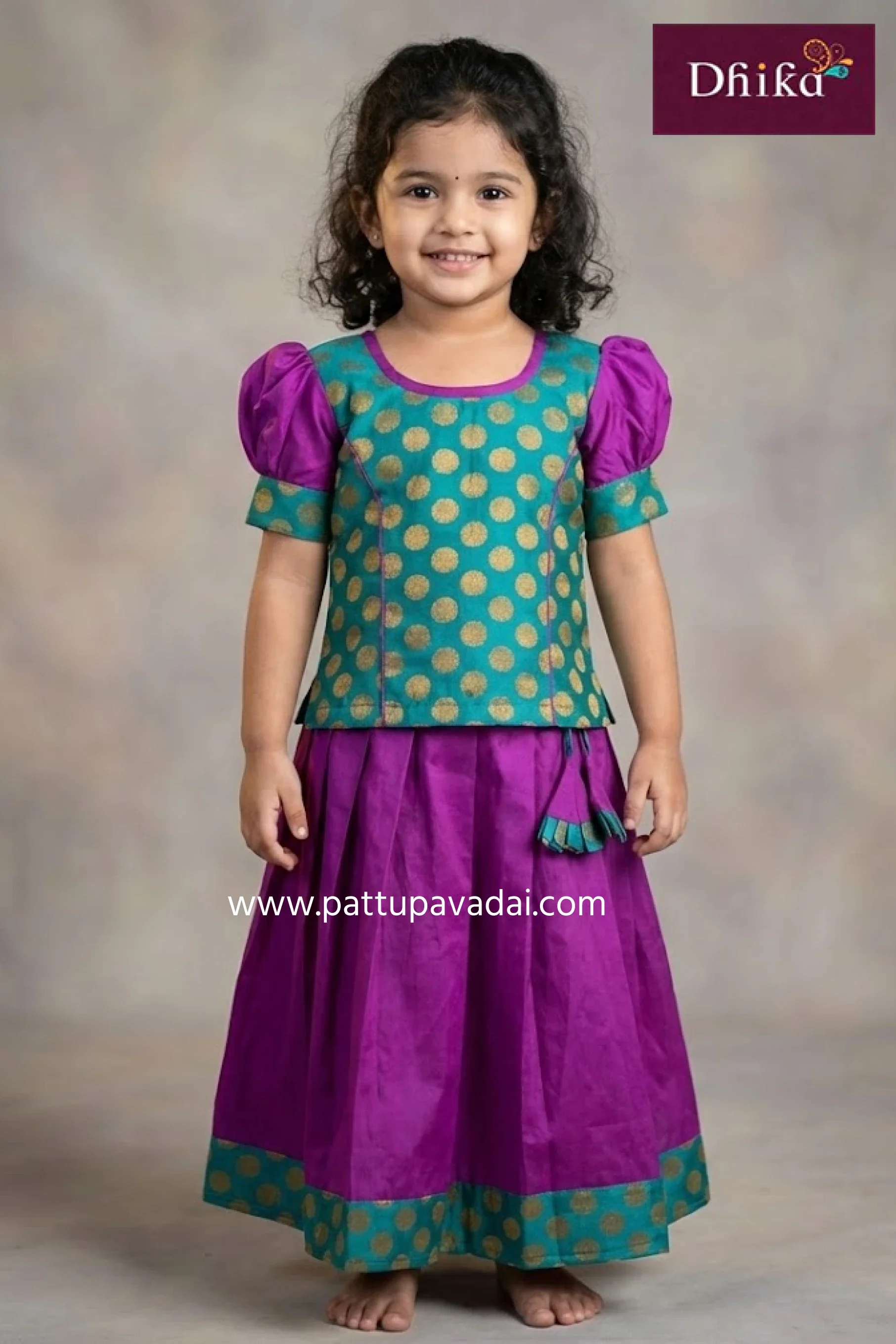 Kids Silk Cotton Pavadai Set Magenta and Rama Green – Puff Sleeve Top with Brocade Border Skirt