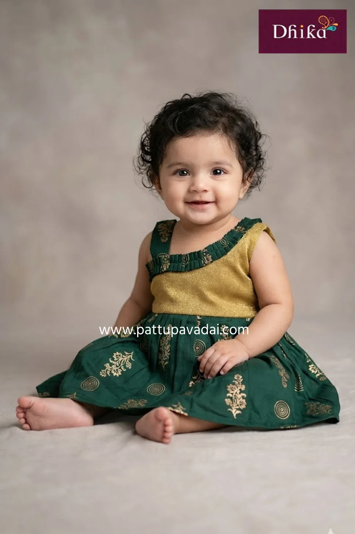 Cotton Frock Green & Golden – Traditional Festive Wear for Kids