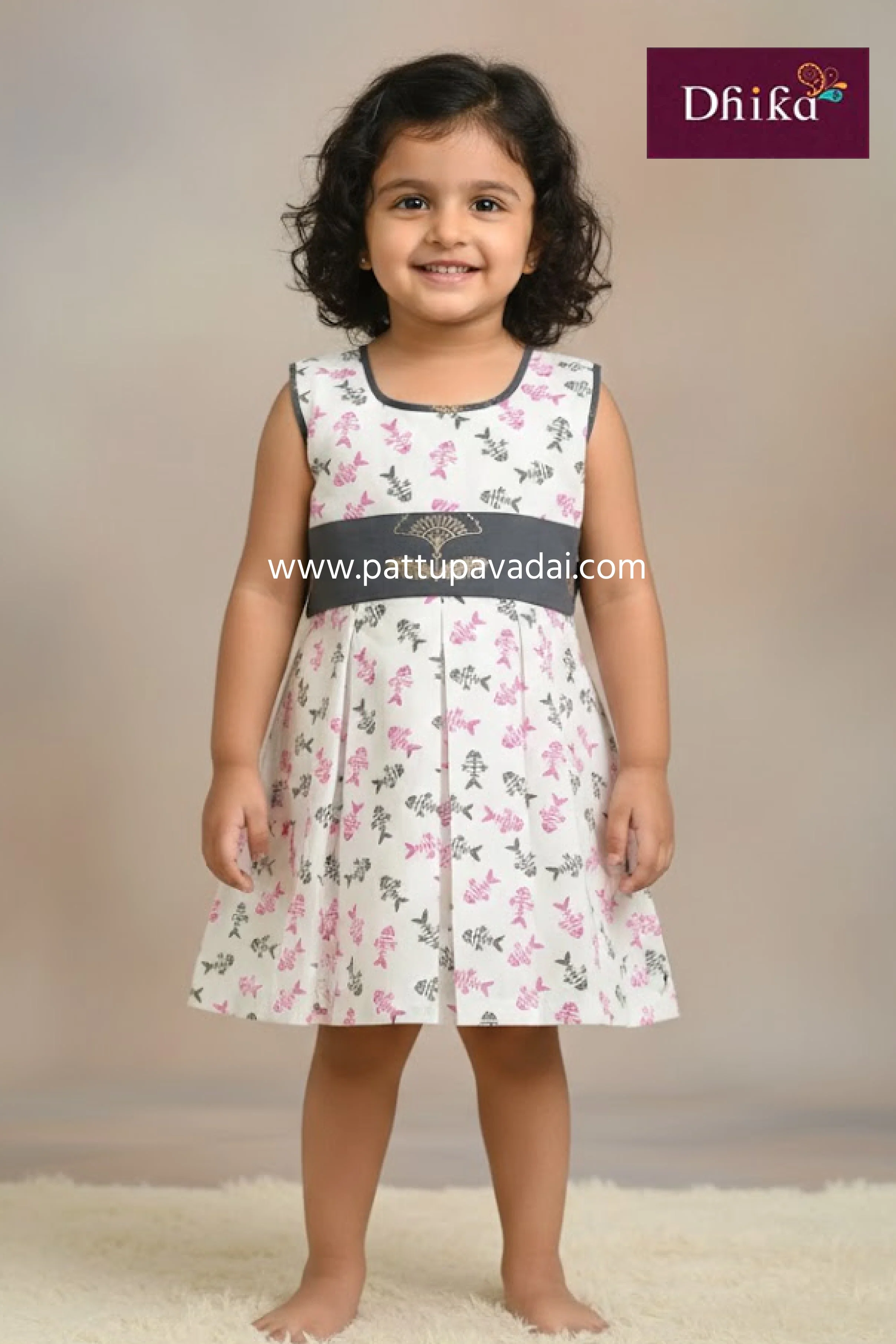 Cotton Frock White and Grey – Sleeveless Pure Cotton Summer Frock for Kids