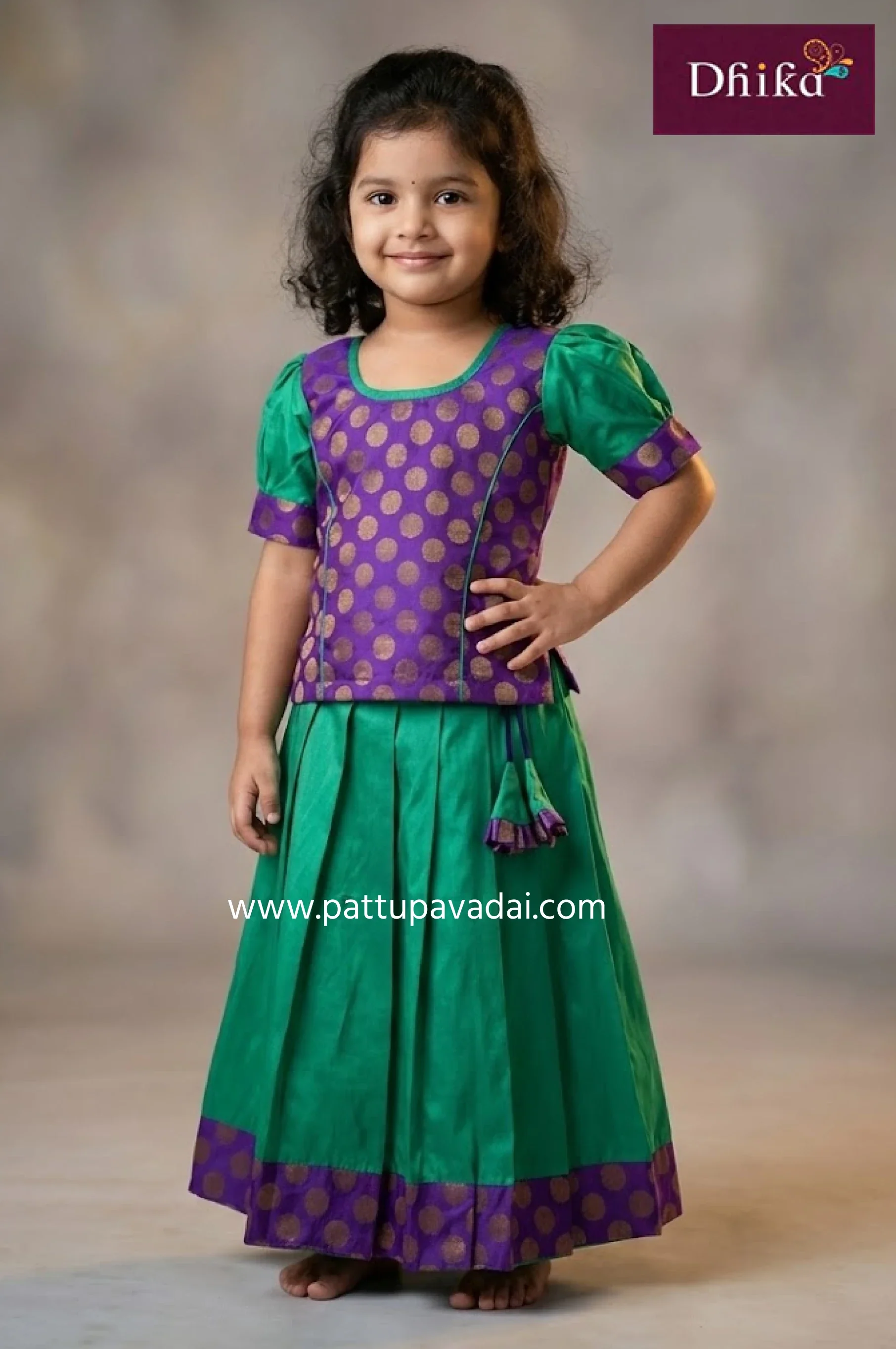 Kids Silk Cotton Pavadai Set Green and Violet – Brocade Blouse with 3/4th Sleeves