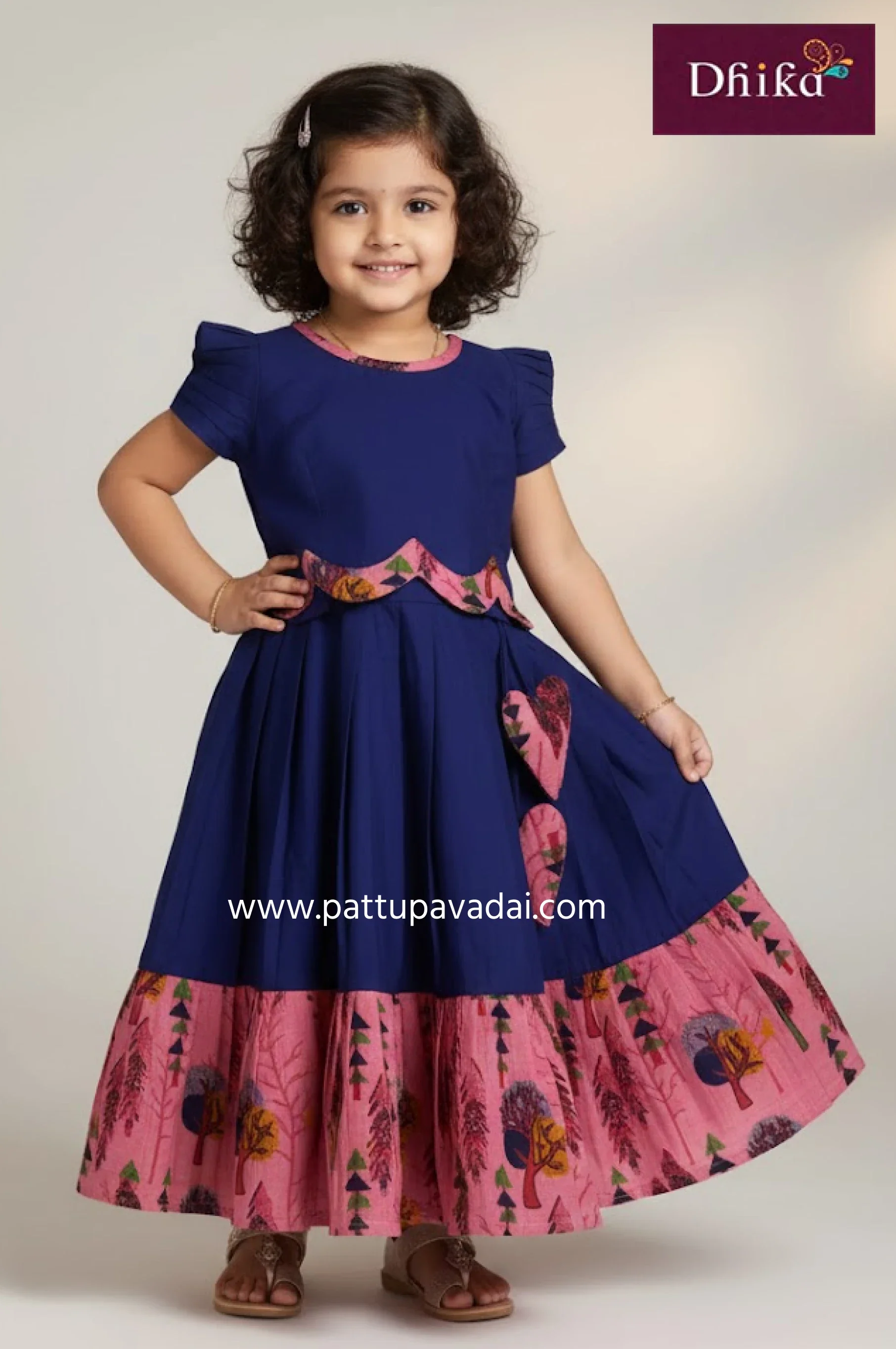 Kids Fancy Langa Pink and Navy Blue – Butterfly Net Skirt and Pink Brocade Top Set