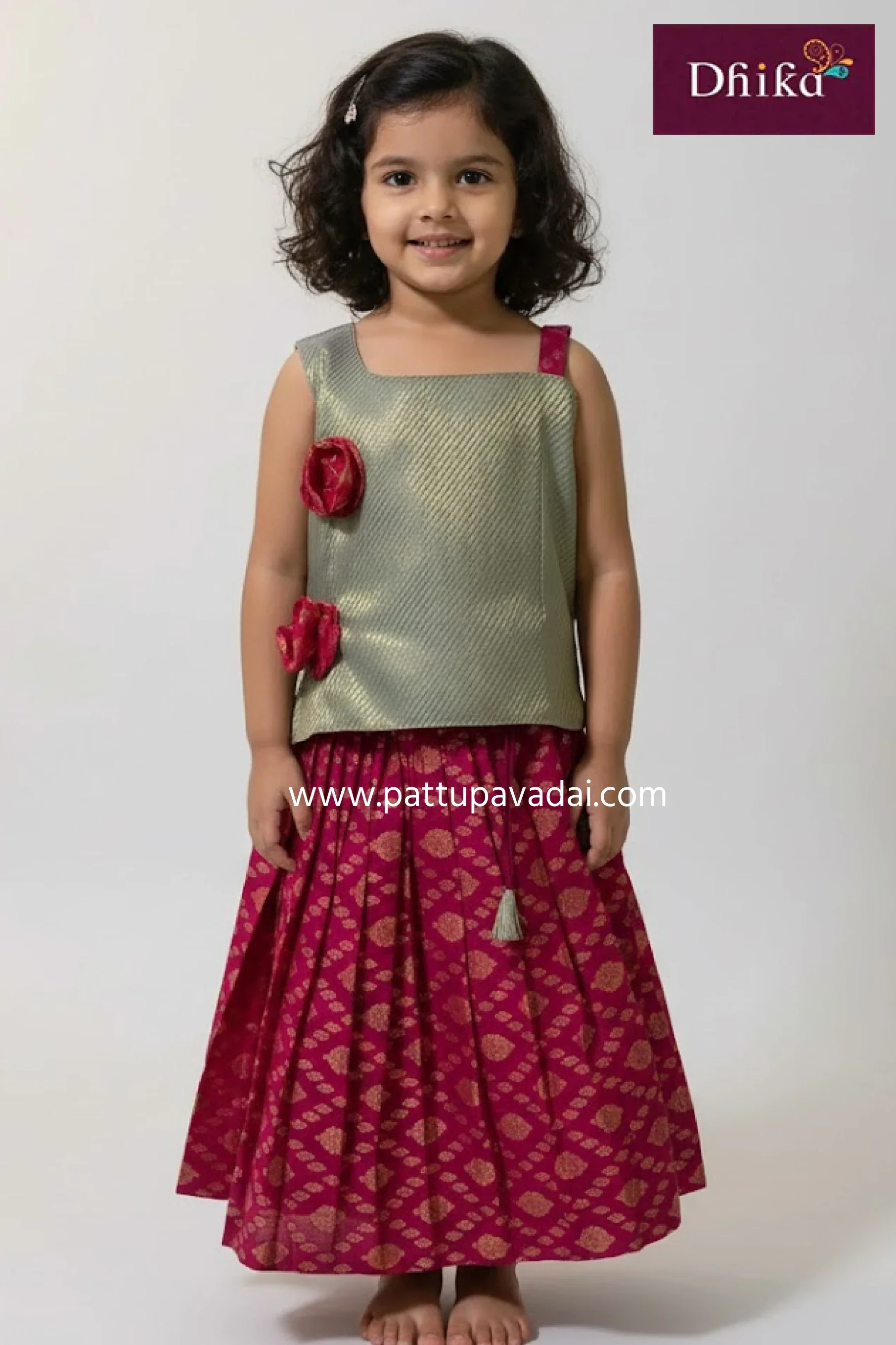 Kids Fancy Cotton Langa Pink and Grey – Designer Skirt with Tissue Silk Top
