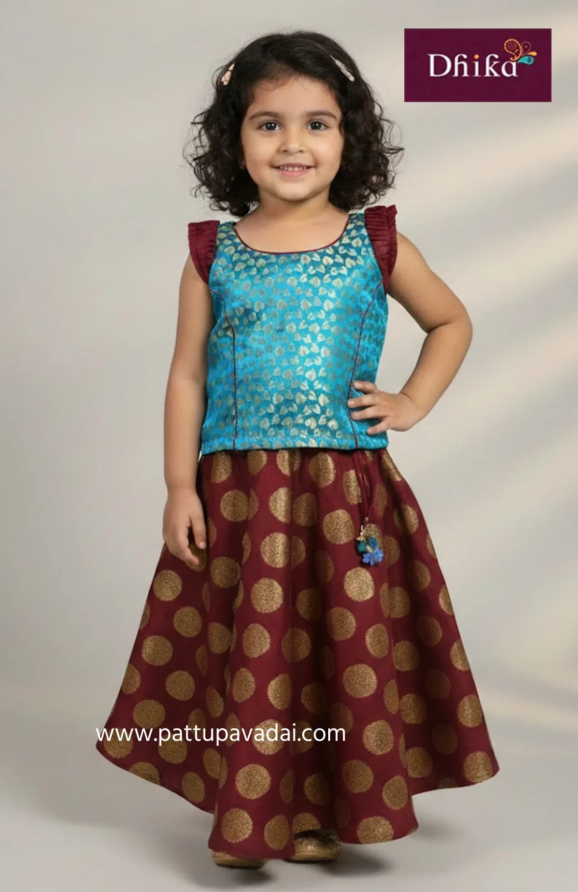 Kids Fancy Langa Maroon and Sky Blue – Umbrella Skirt with Brocade Butta Sleeveless Top