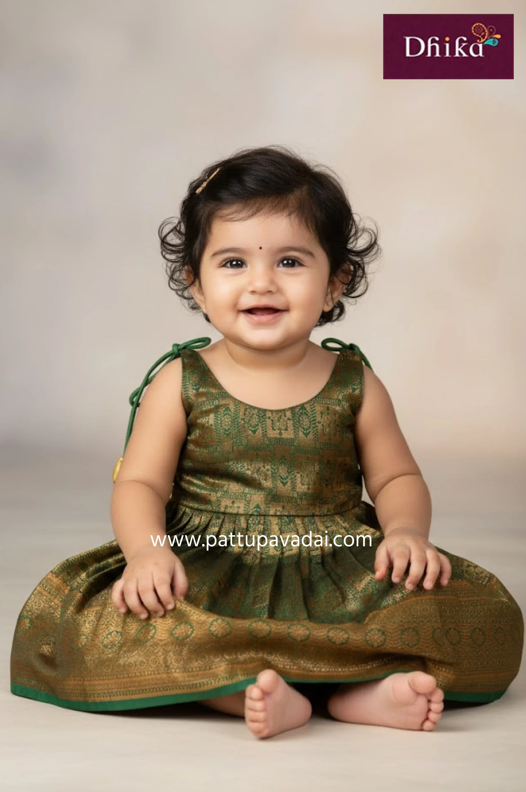 Green & Golden Silk Frock for Kids – Elegant Party Wear