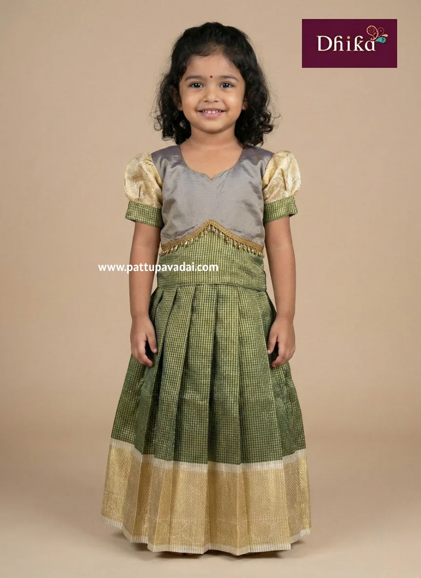 Green and Grey Tissue Silk Pavadai for Girls – Traditional Festive Kids Wear