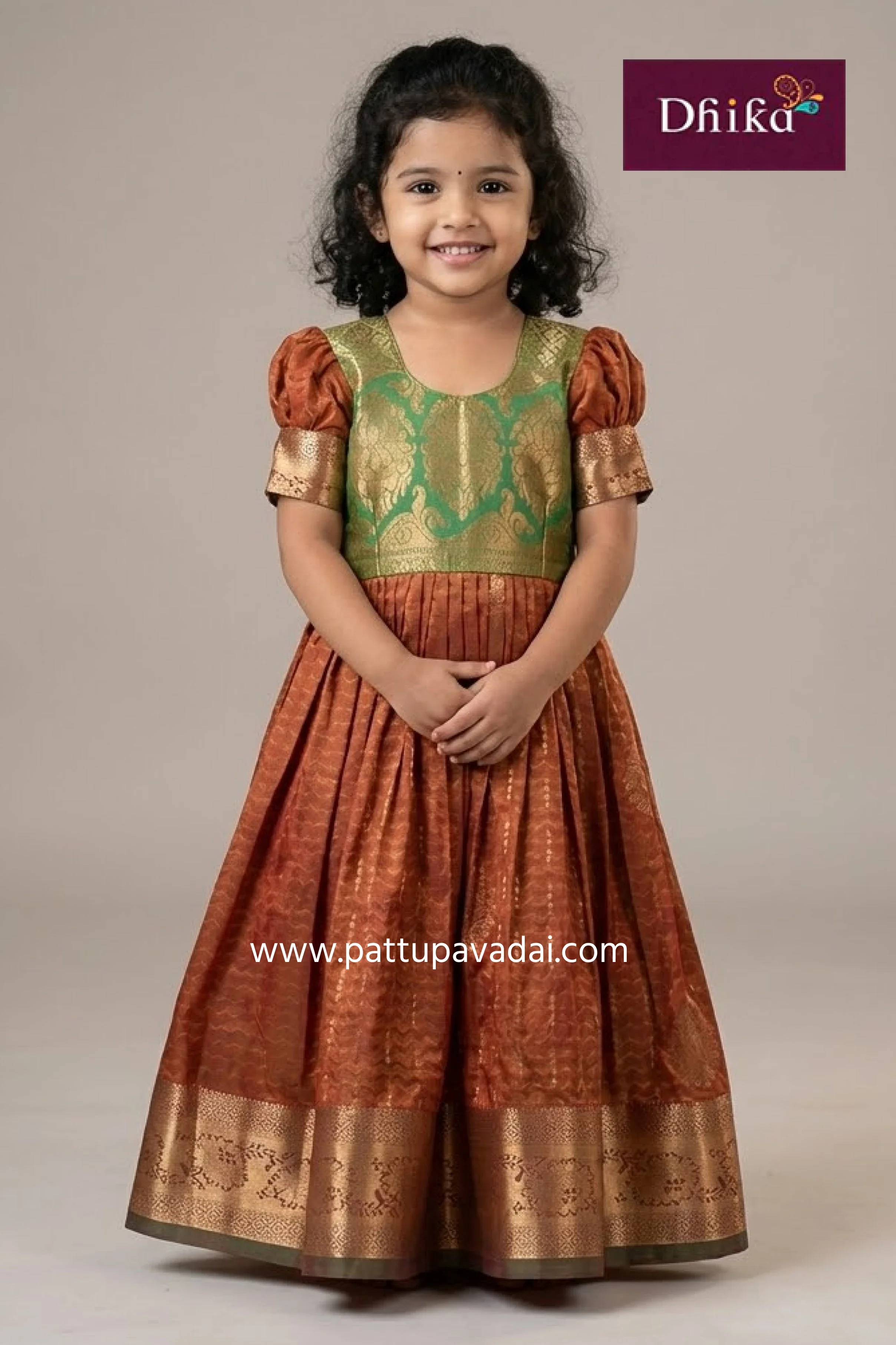Honey Brown and Green Silk Long Gown – Traditional Elegant Silk Gown