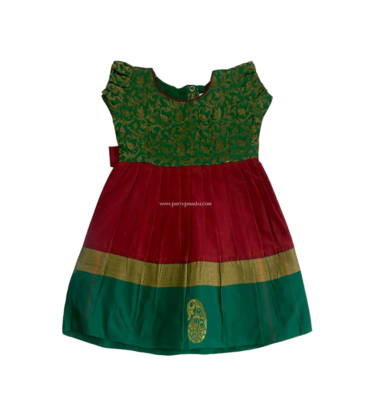 Brocade Frock Red and Green – Traditional Silk Cotton Party Wear for Kids - Image 2