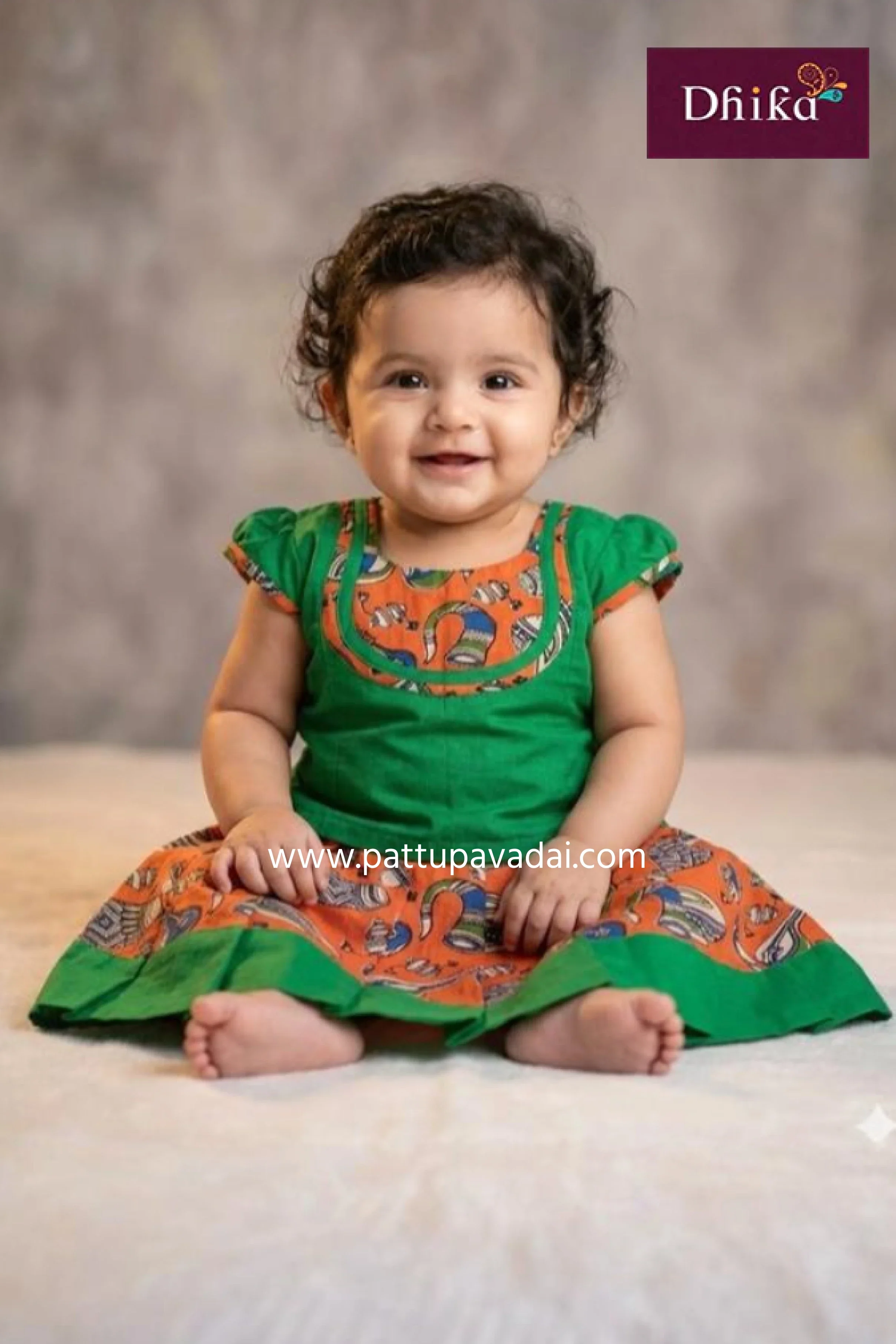 Kalamkari Orange and Green Cotton Pavadai – Hand Printed Traditional Wear for Kids