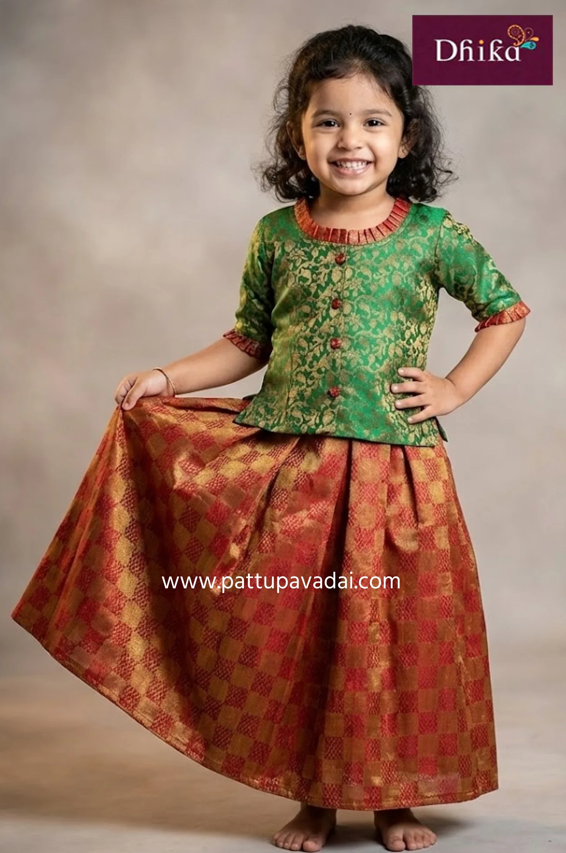 Kids Fancy Langa Green and Red – Checked Pleated Skirt with Chanderi Top