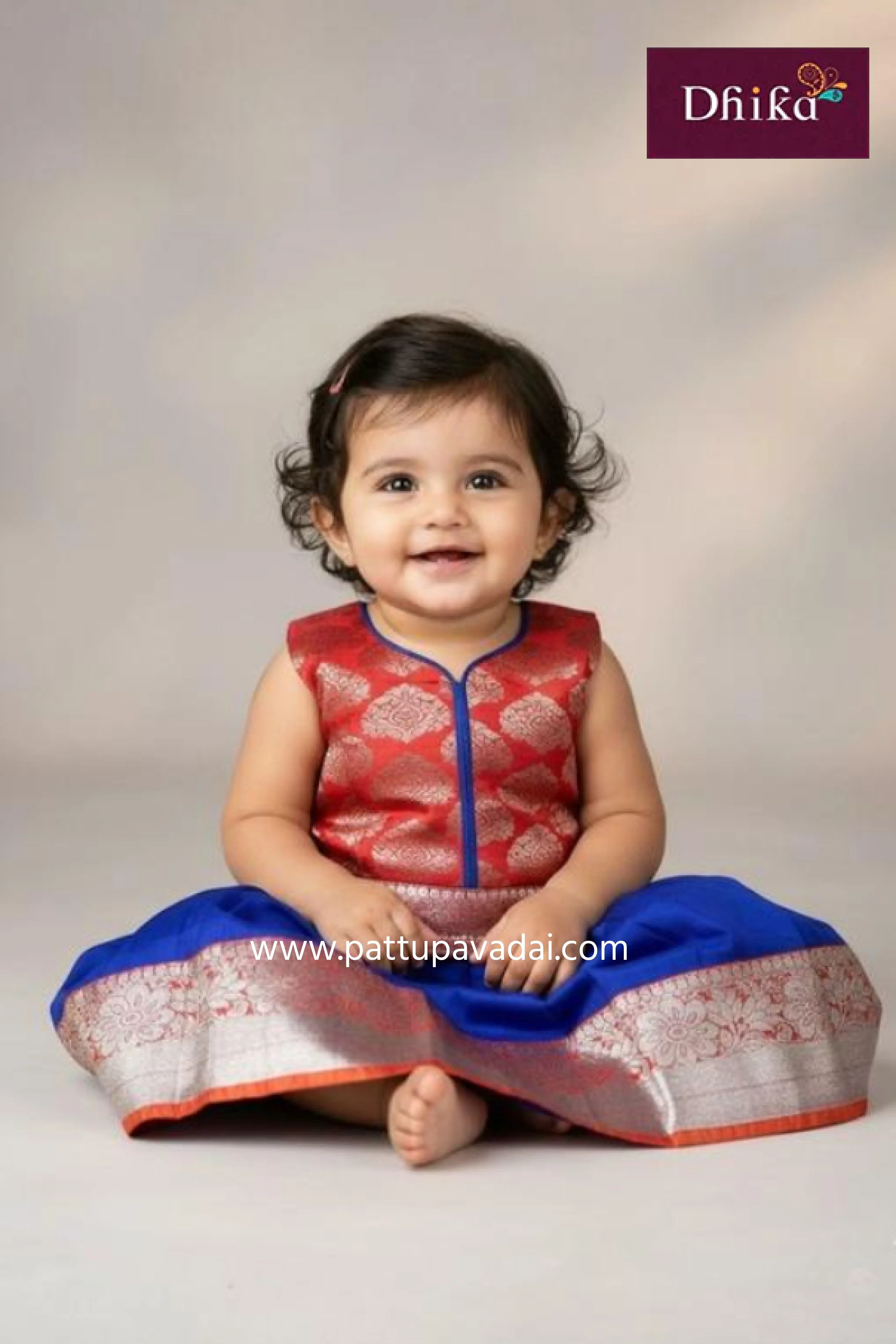 Kids Art Silk Pavadai Blue – Traditional Pattu Pavadai with Orange Blouse for Kids