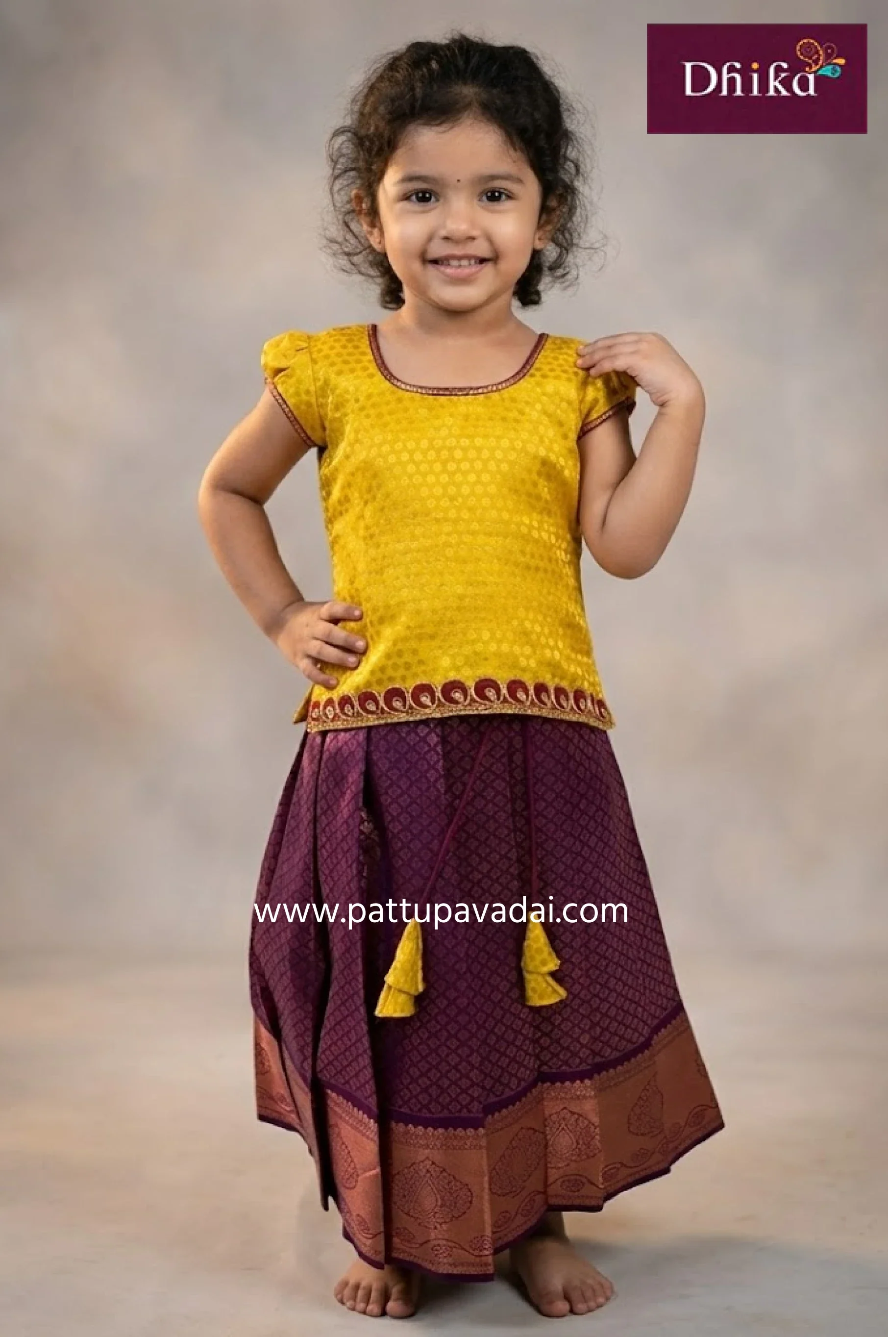 Kids Maroon and Golden Pattu Pavadai – Traditional Silk Skirt and Blouse Set for Girls