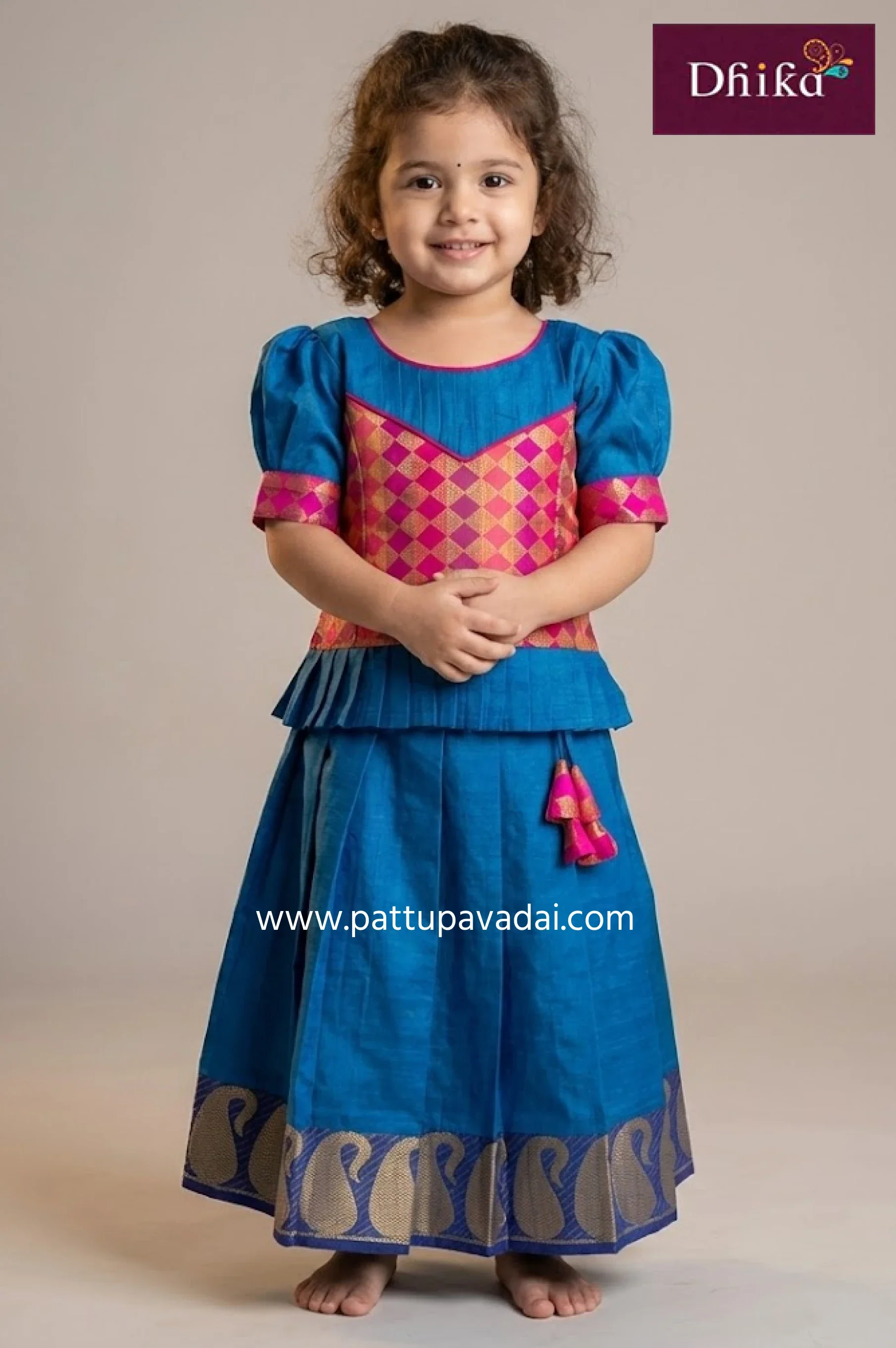 Pure Cotton Pavadai Blue and Pink – Traditional Skirt and Patchwork Blouse Set for Kids