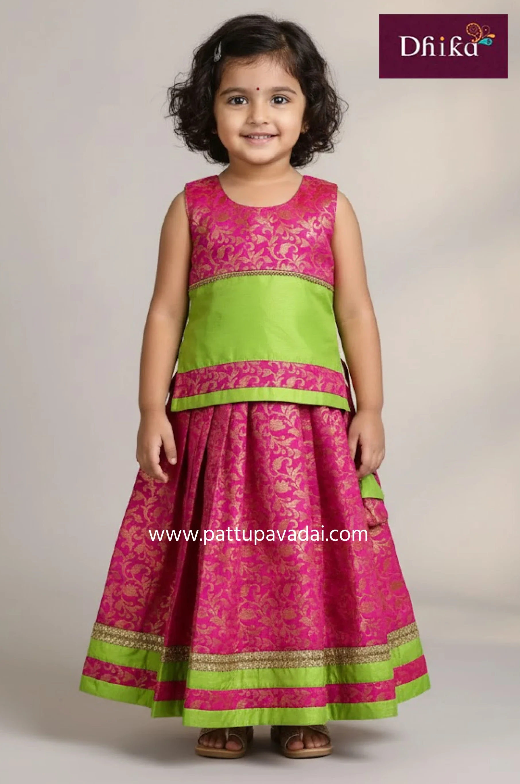Kids Fancy Langa Pink and Parrot Green – Traditional Festive Skirt and Blouse Set for Girls