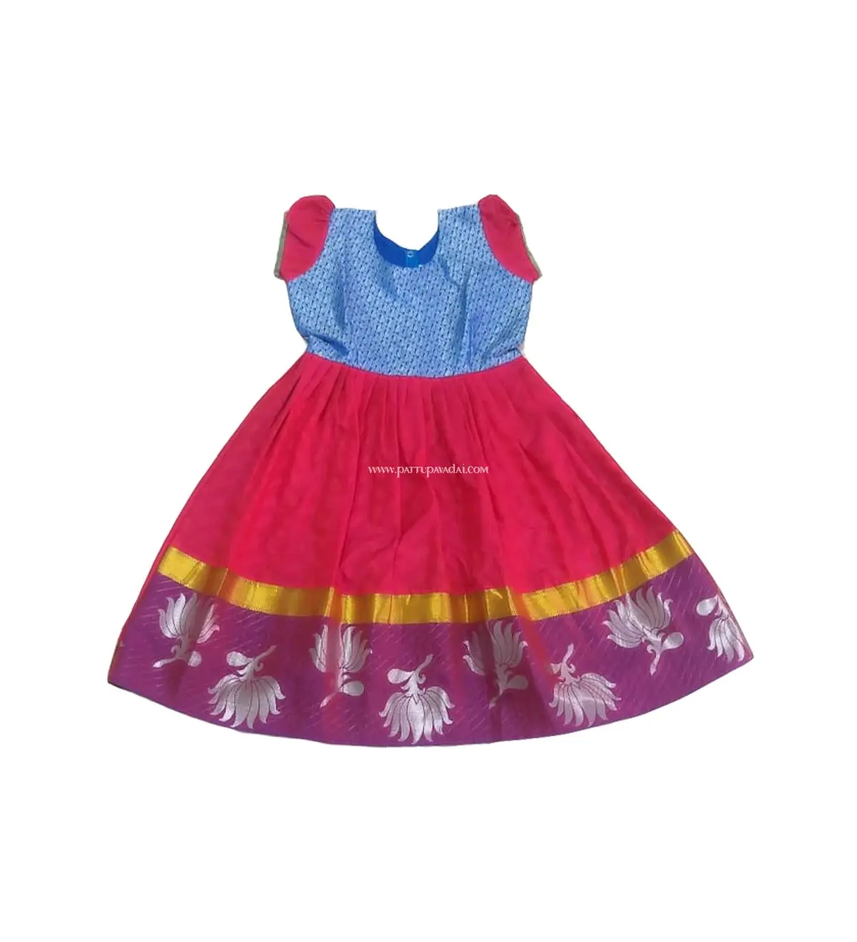 Kids Pattu Long Gown Red and Blue – Traditional Silk Festive Wear - Image 2