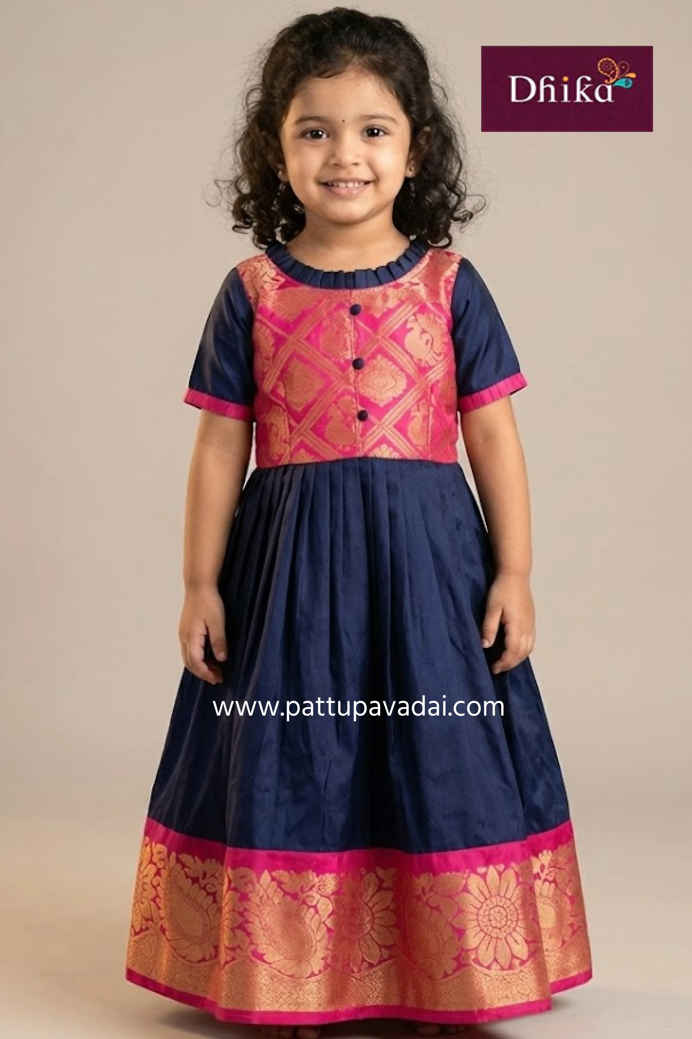 Kids Pattu Long Gown Navy Blue – Traditional Silk Gown for Girls