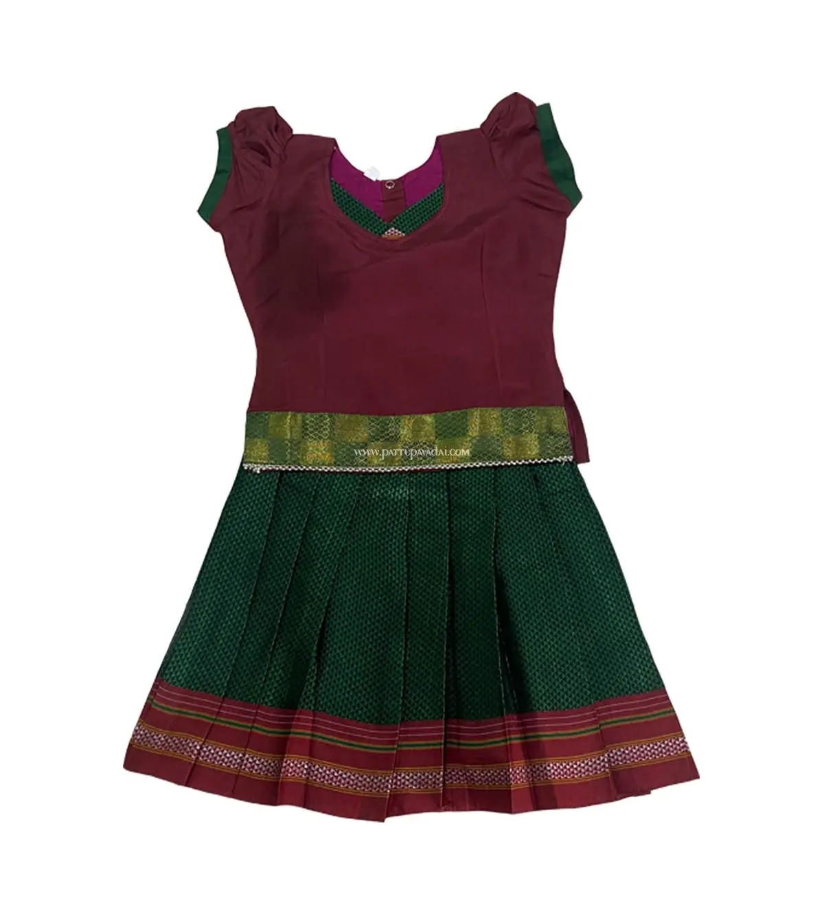 Pure Cotton Pavadai Dark Green and Maroon – Traditional Cotton Pavadai Set for Kids - Image 2