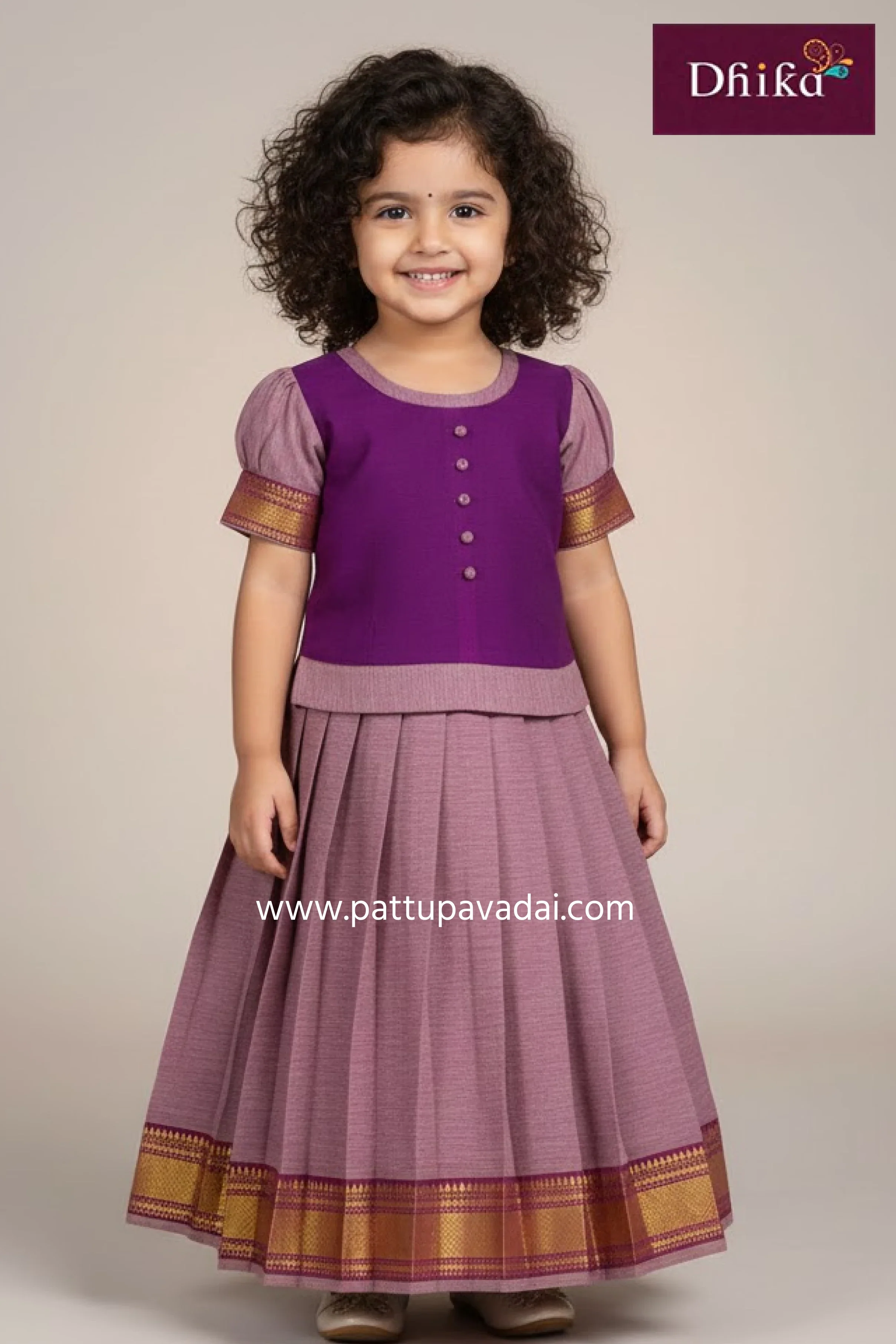 Kids Pure Cotton Pavadai Sattai Lavender and Magenta – Traditional Skirt and Top Set for Girls