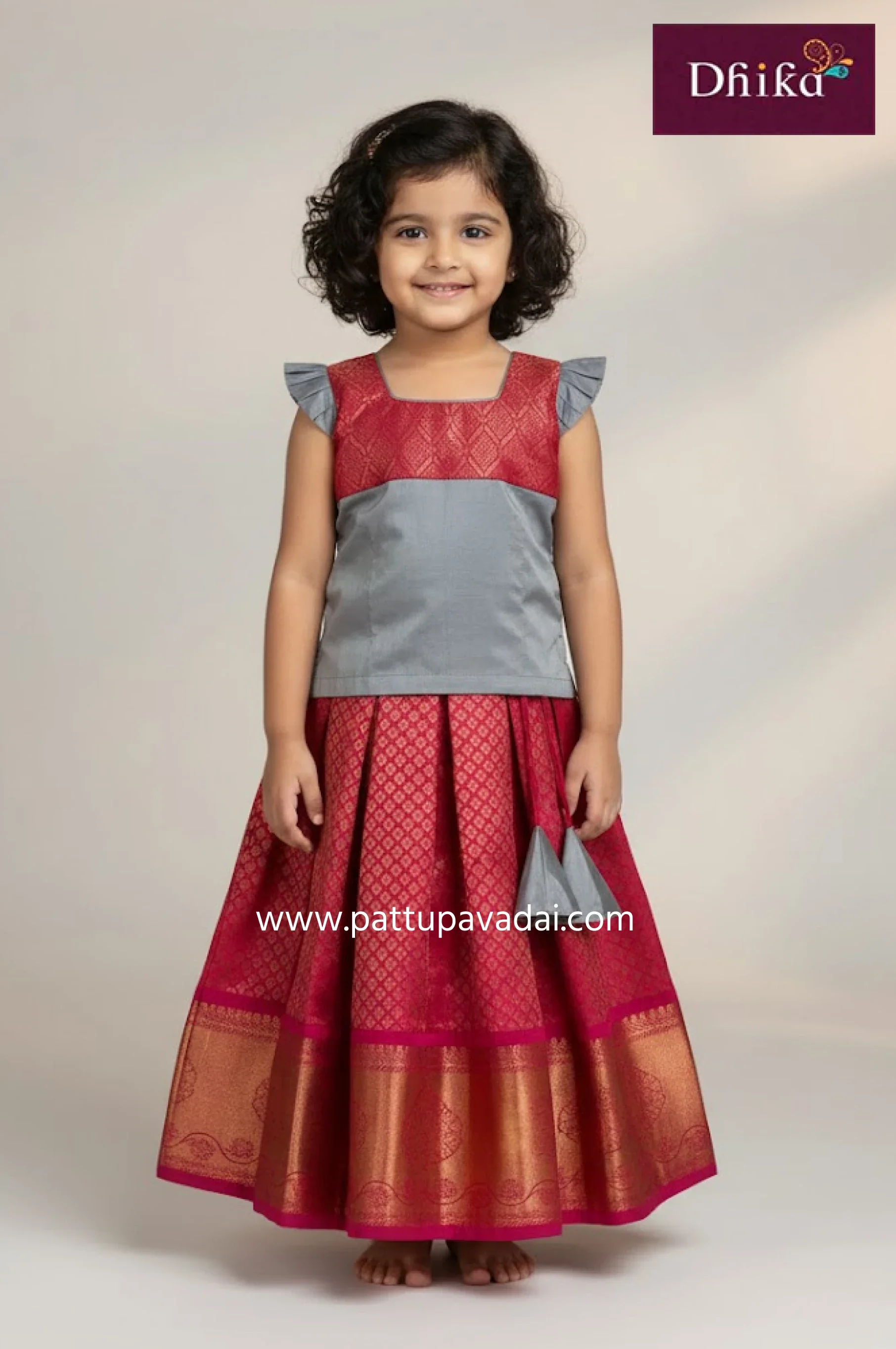 Kids Pure Silk Pavadai Grey and Red – Traditional Zari Work Skirt Set for Girls