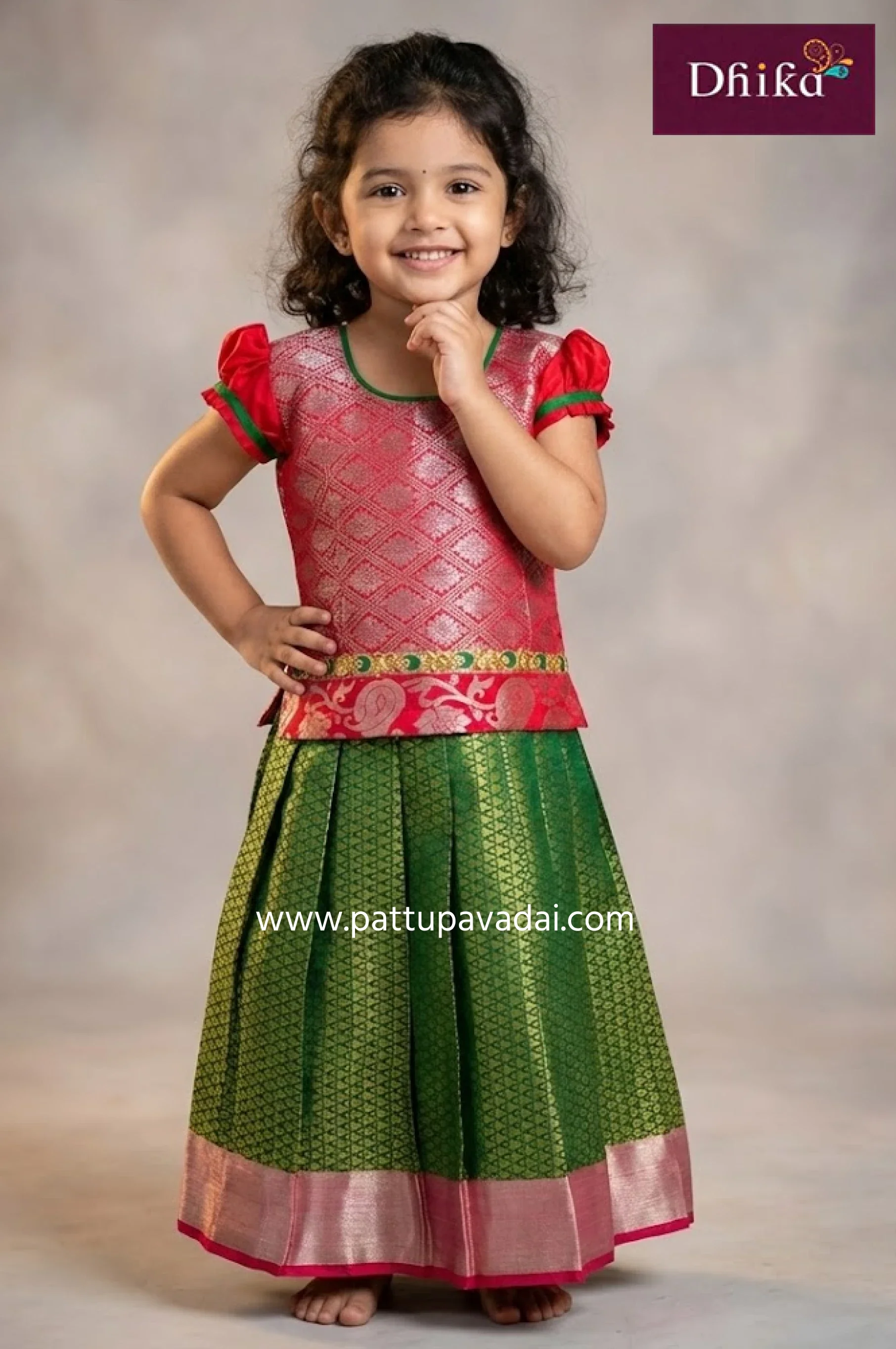 Kids Silk Pavadai Green and Red – Traditional Silk Skirt and Blouse Set for Girls