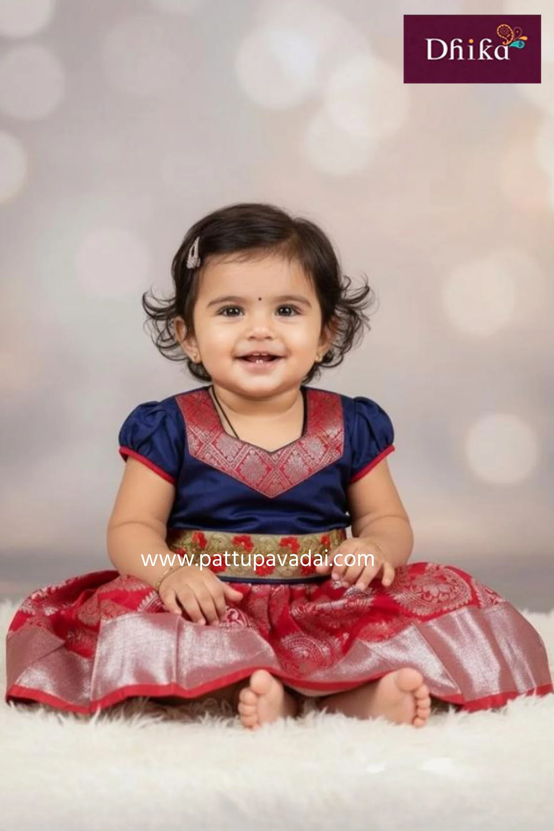 Kids Silk Pavadai Red and Navy Blue – Silver Zari Skirt with Tassel Work and Designer Blouse