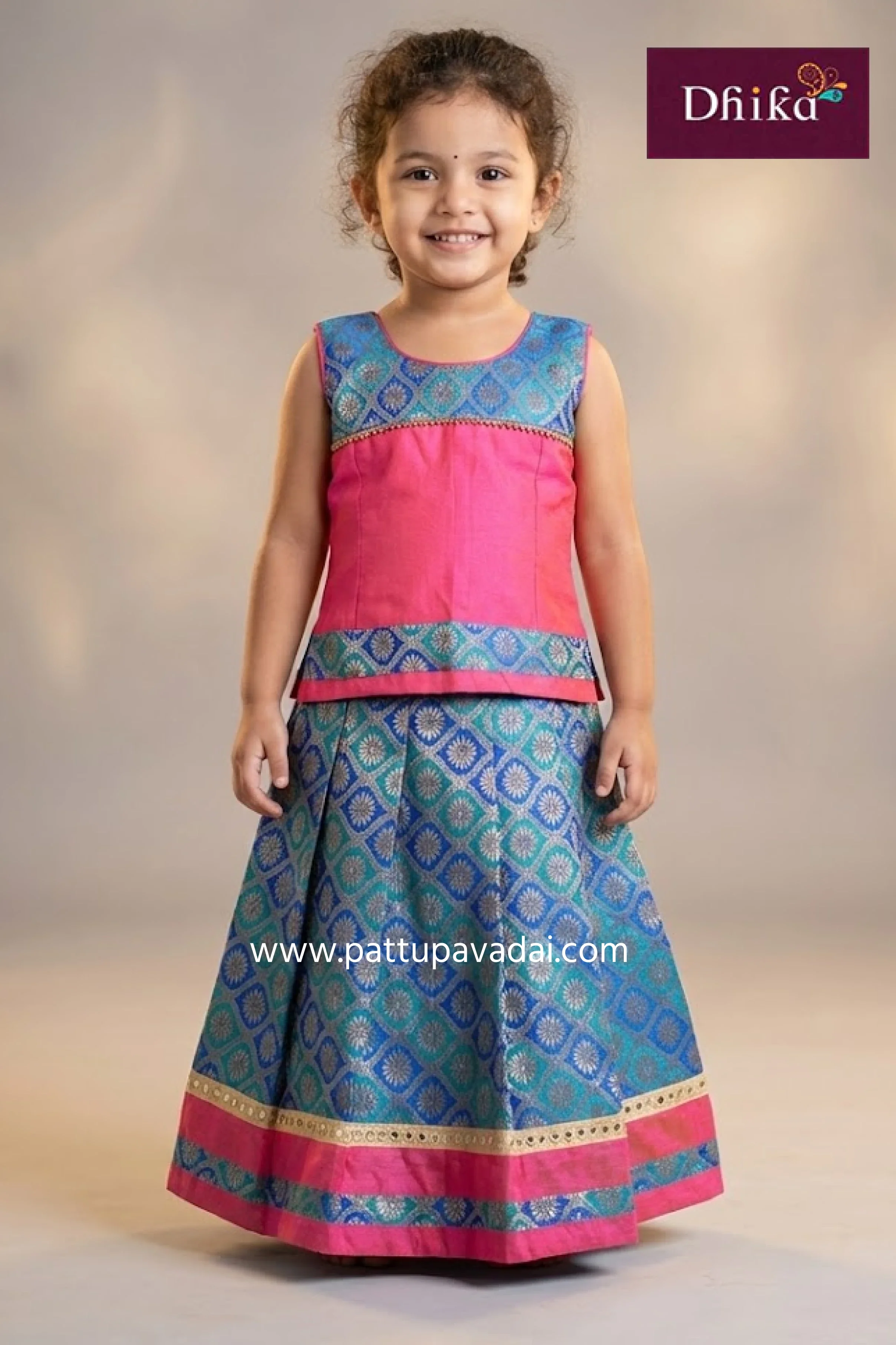 Kids Traditional Pink and Blue Pavadai Langa – Traditional Pattu Pavadai for Kids