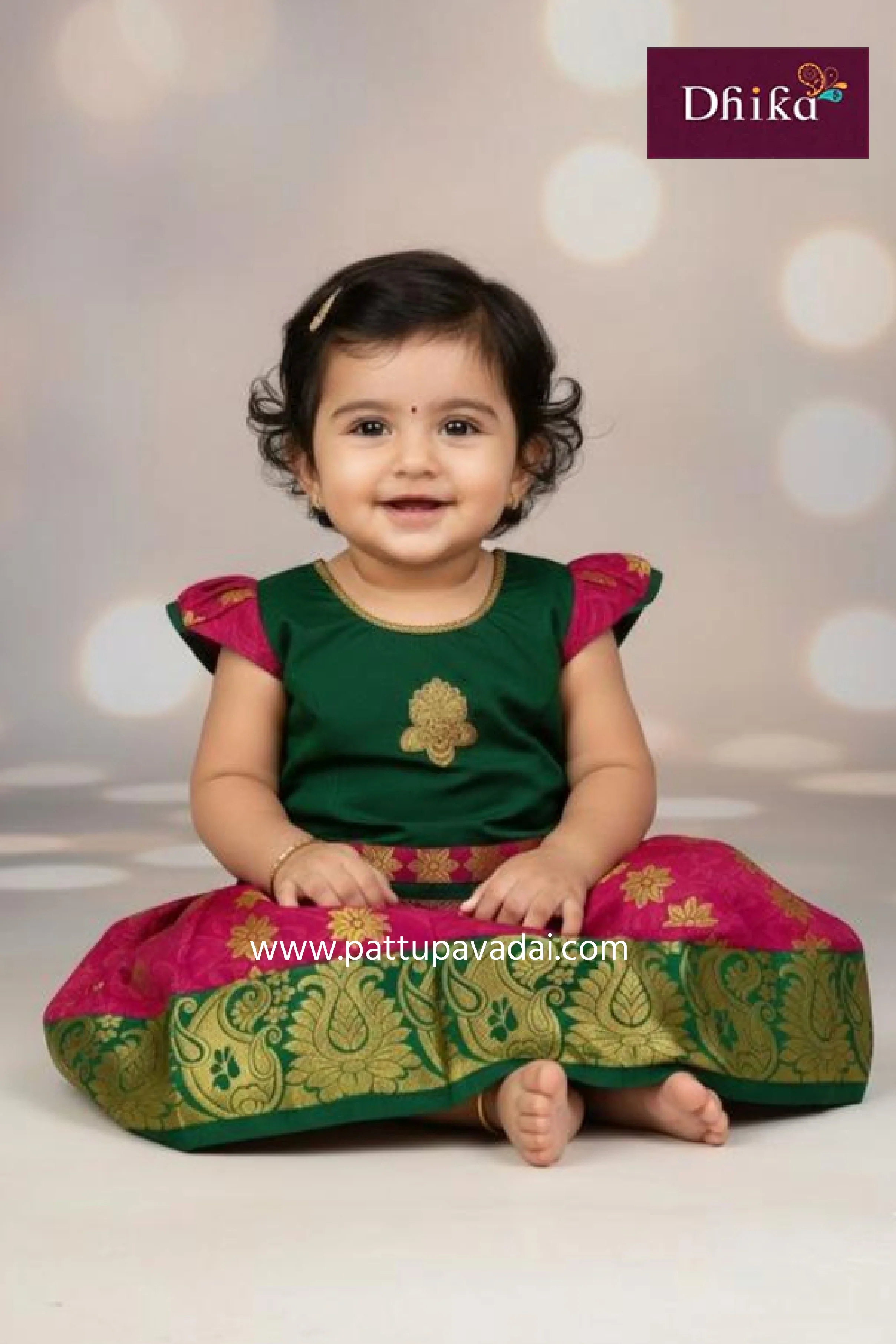 Maroon and Green Silk Cotton Pattu Pavadai Set for Kids – Traditional Festive Wear