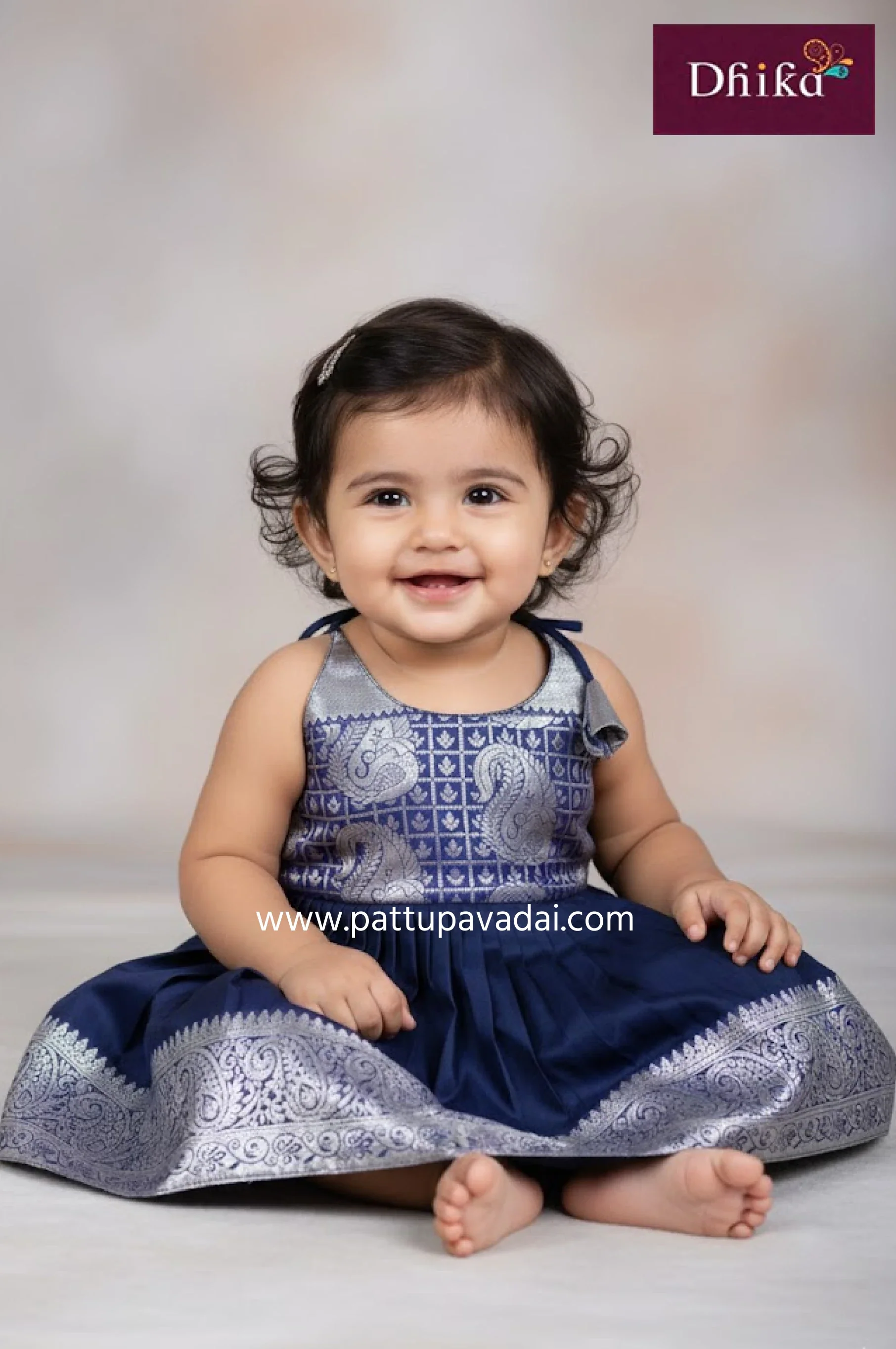 Navy Blue & Silver Silk Frock for Kids – Elegant Party Wear