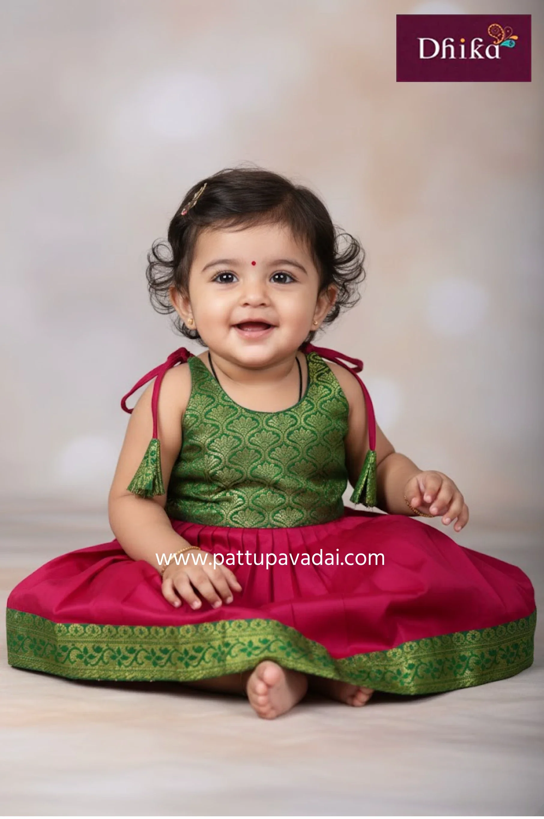New Born Red & Green Silk Frock – Elegant Party Wear for Babies