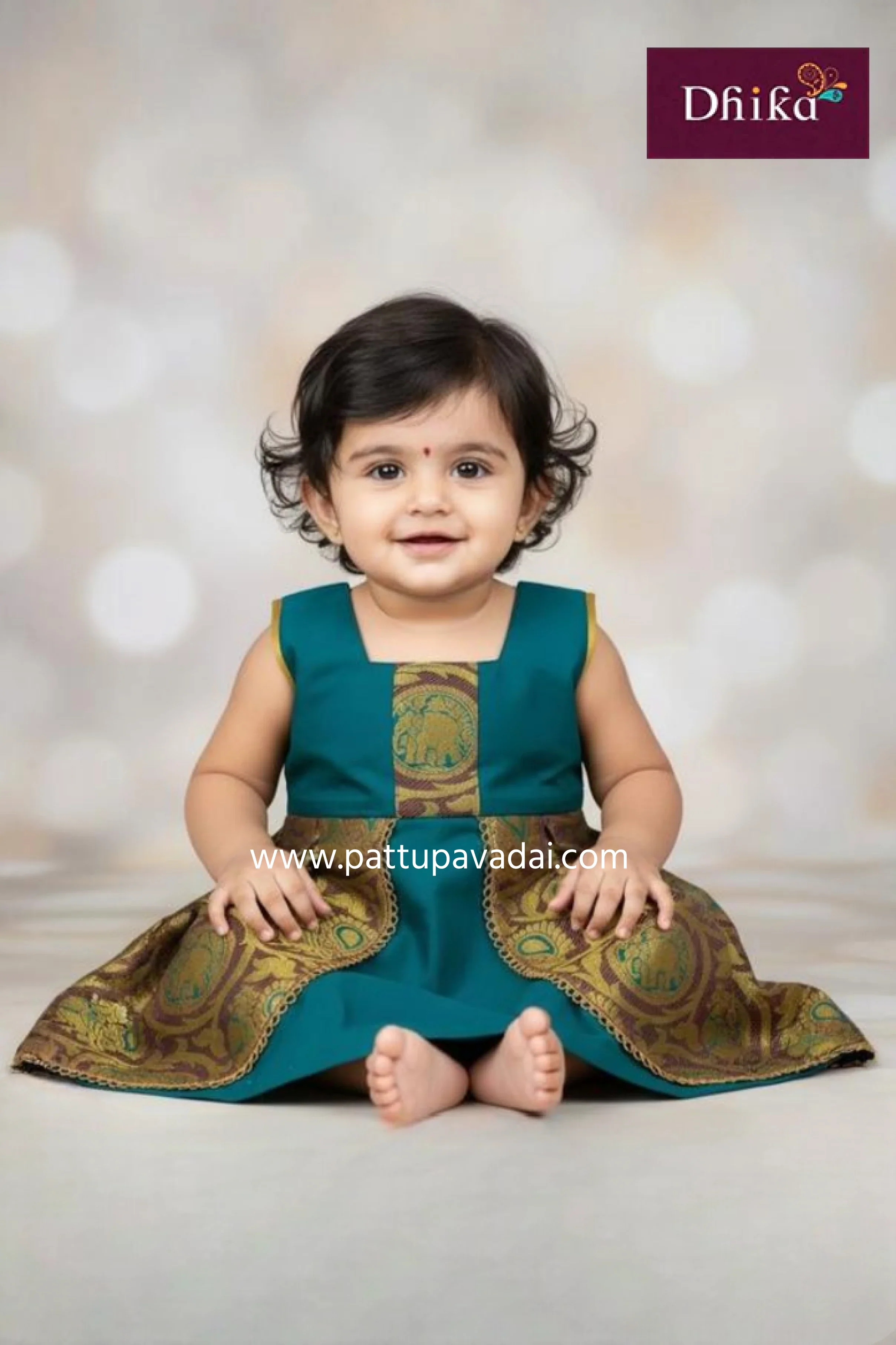 New Born Silk Frock Dark Green – Traditional Pattu Frock for Babies