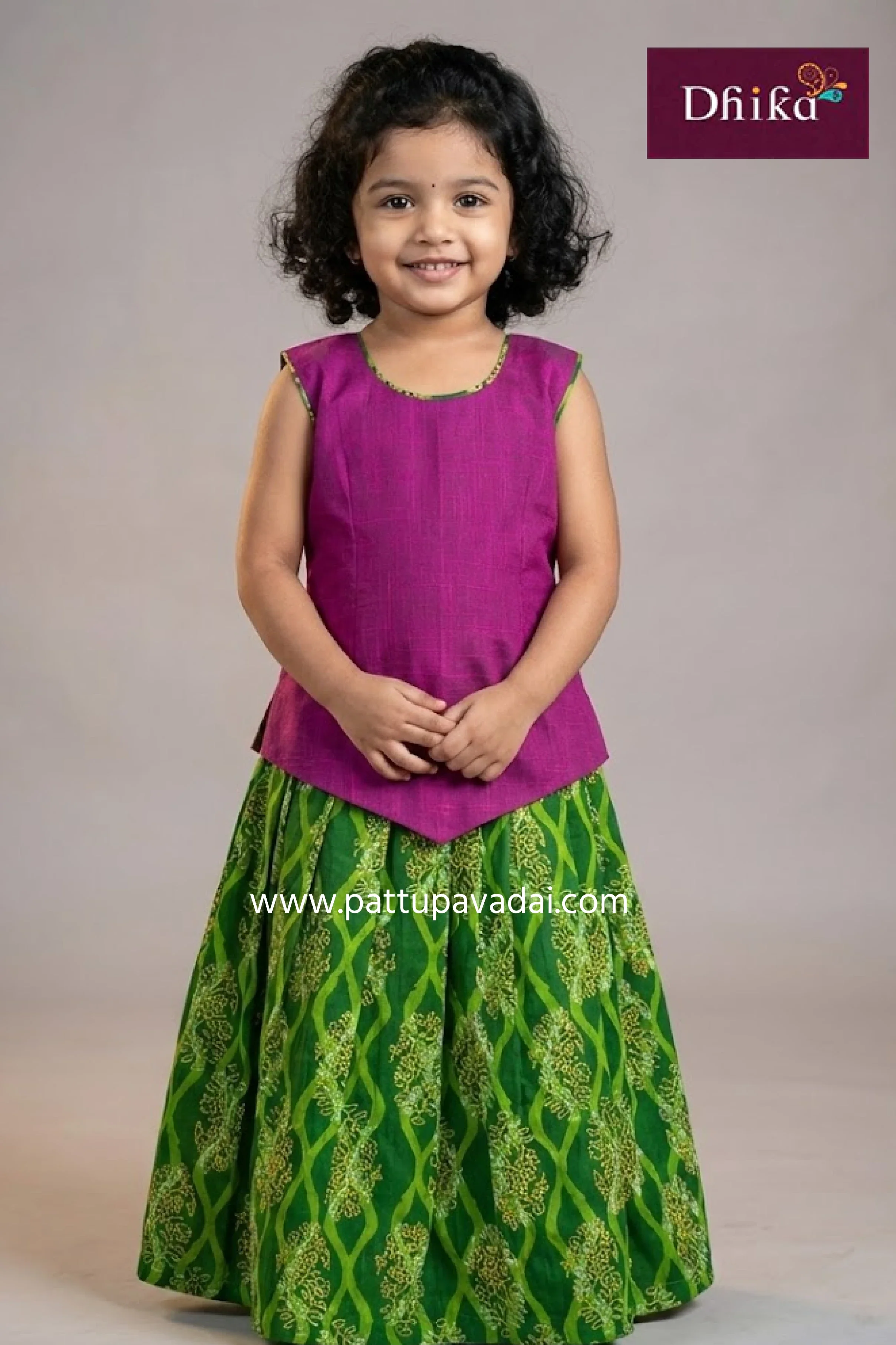 Parrot Green & Magenta Cotton Pavadai Set – Comfortable Ethnic Wear for Kids