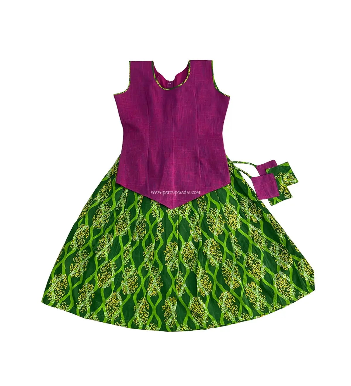 Parrot Green & Magenta Cotton Pavadai Set – Comfortable Ethnic Wear for Kids - Image 2