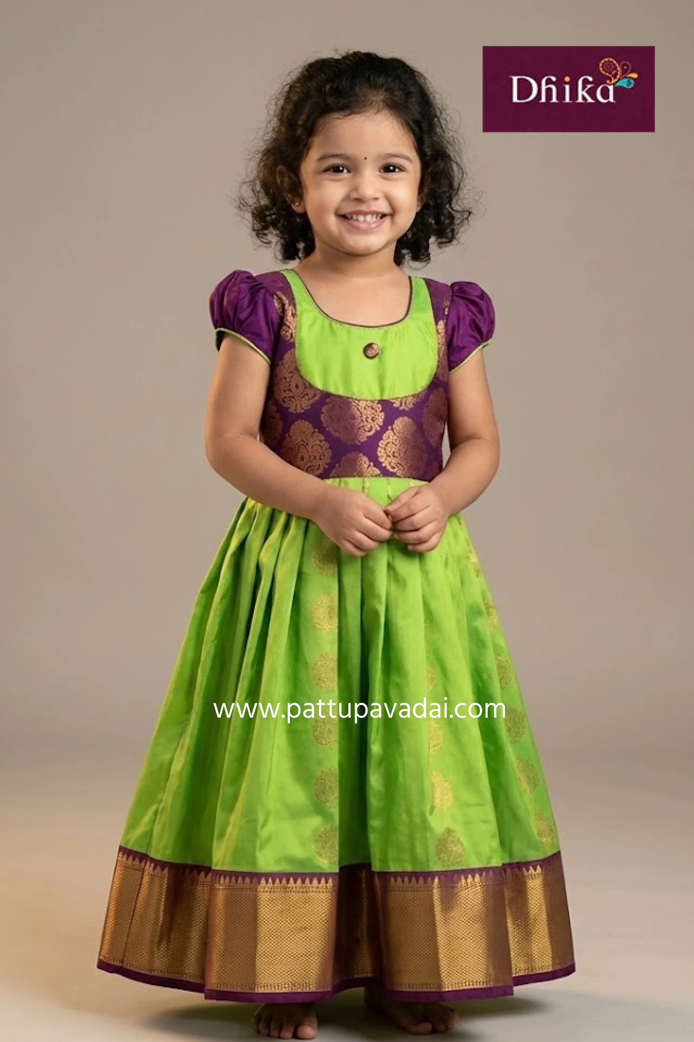 Parrot Green and Magenta Silk Long Gown – Festive Traditional Wear for Kids