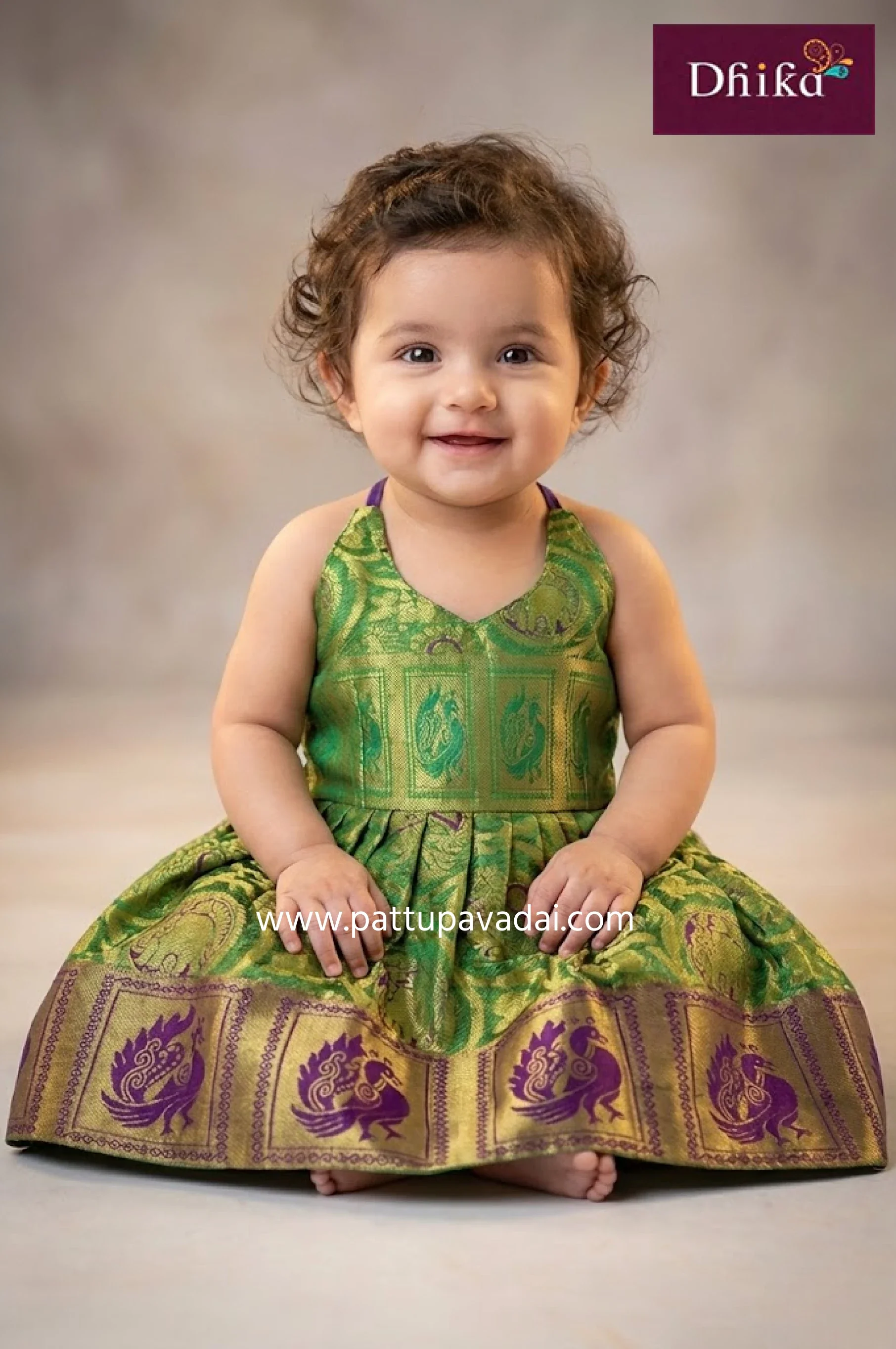 Parrot Green & Violet Silk Frock for Kids – Elegant Festive Wear