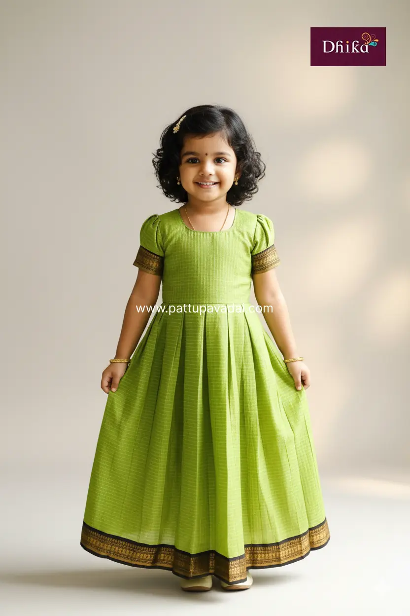 Parrot Green Checked Cotton Long Gown 1Y–12Y