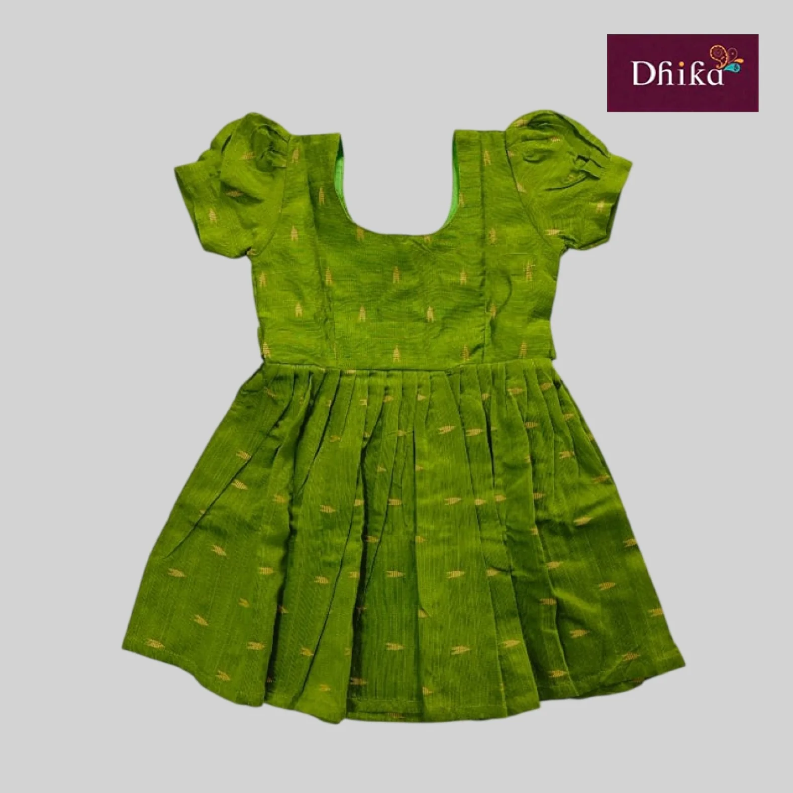 Parrot Green Raw Silk Frock for Girls – Traditional Festive & Party Wear Dress - Image 2