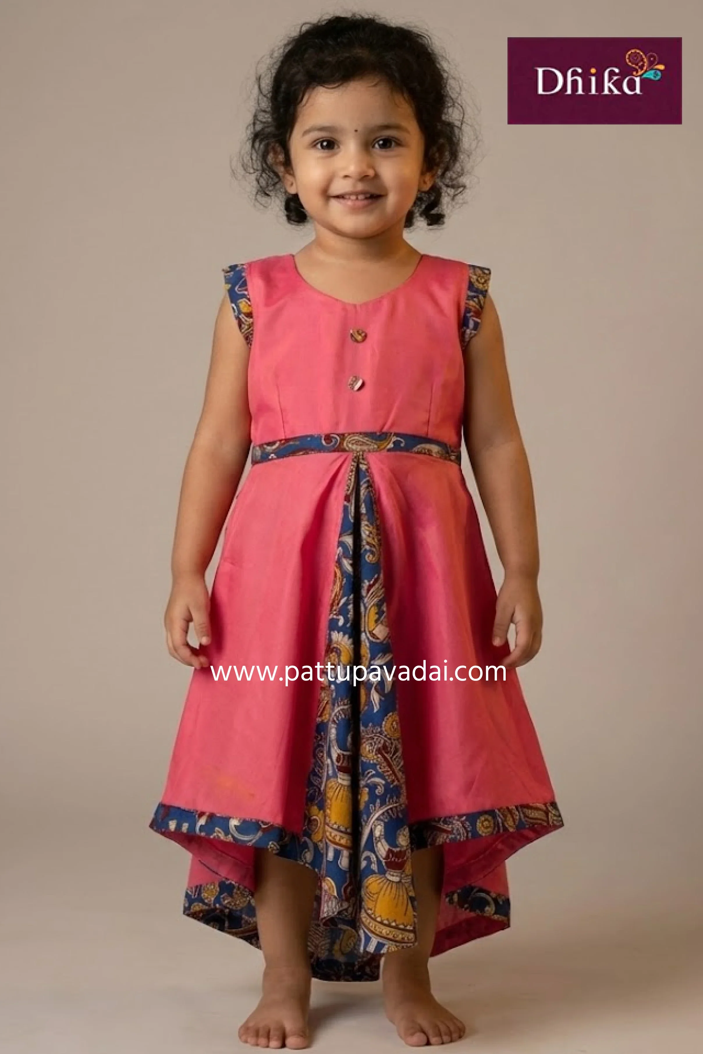 Pink and Blue Cotton Frock – Kalamkari Front Design for Kids
