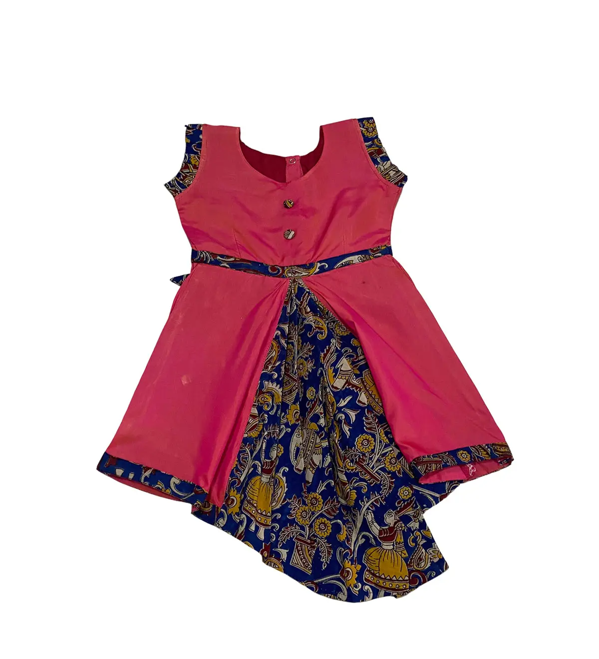 Pink and Blue Cotton Frock – Kalamkari Front Design for Kids - Image 2