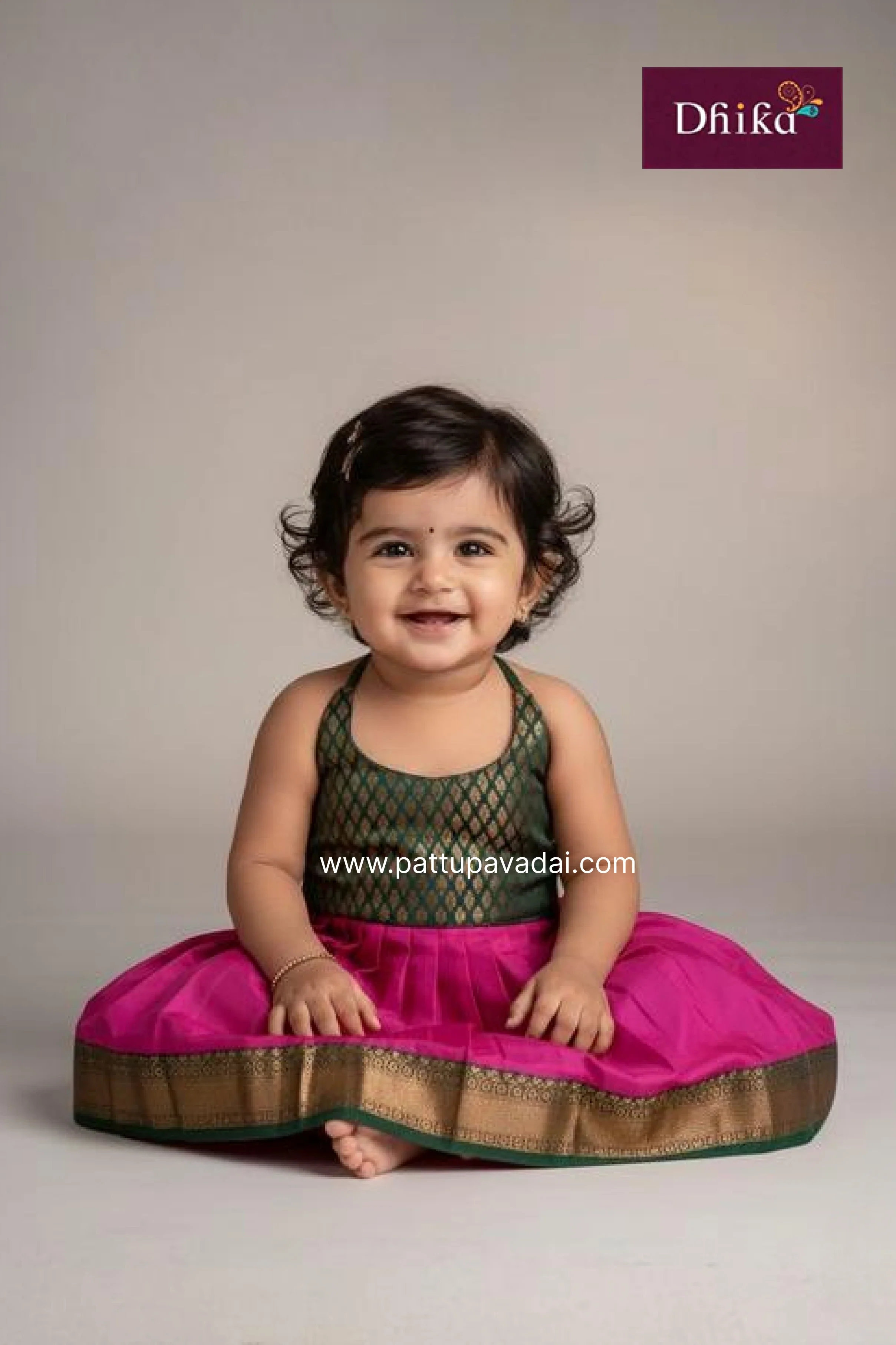 Pink & Dark Green Silk Frock for Girls | Kids Party Wear Dress