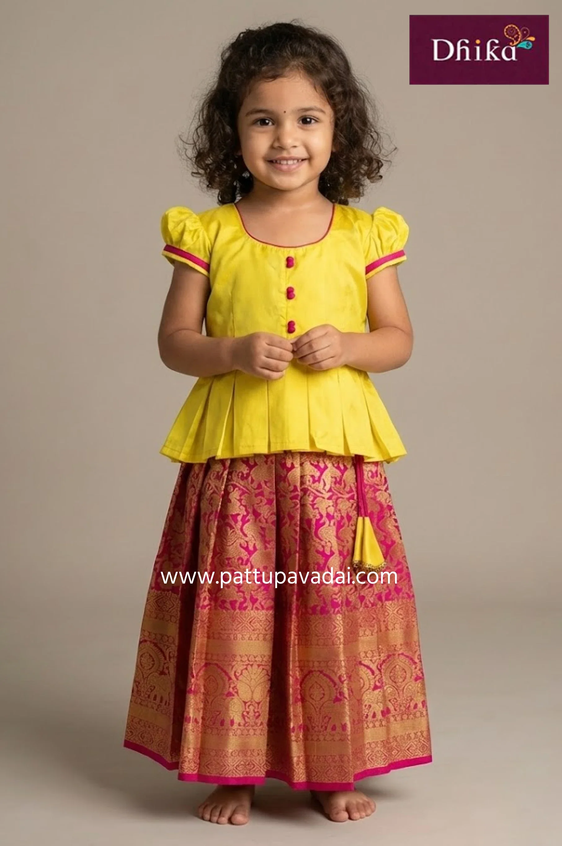 Designer Pure Silk Pavadai Pink and Yellow – Peplum and Puff Sleeve Pattu Pavadai Set for Kids