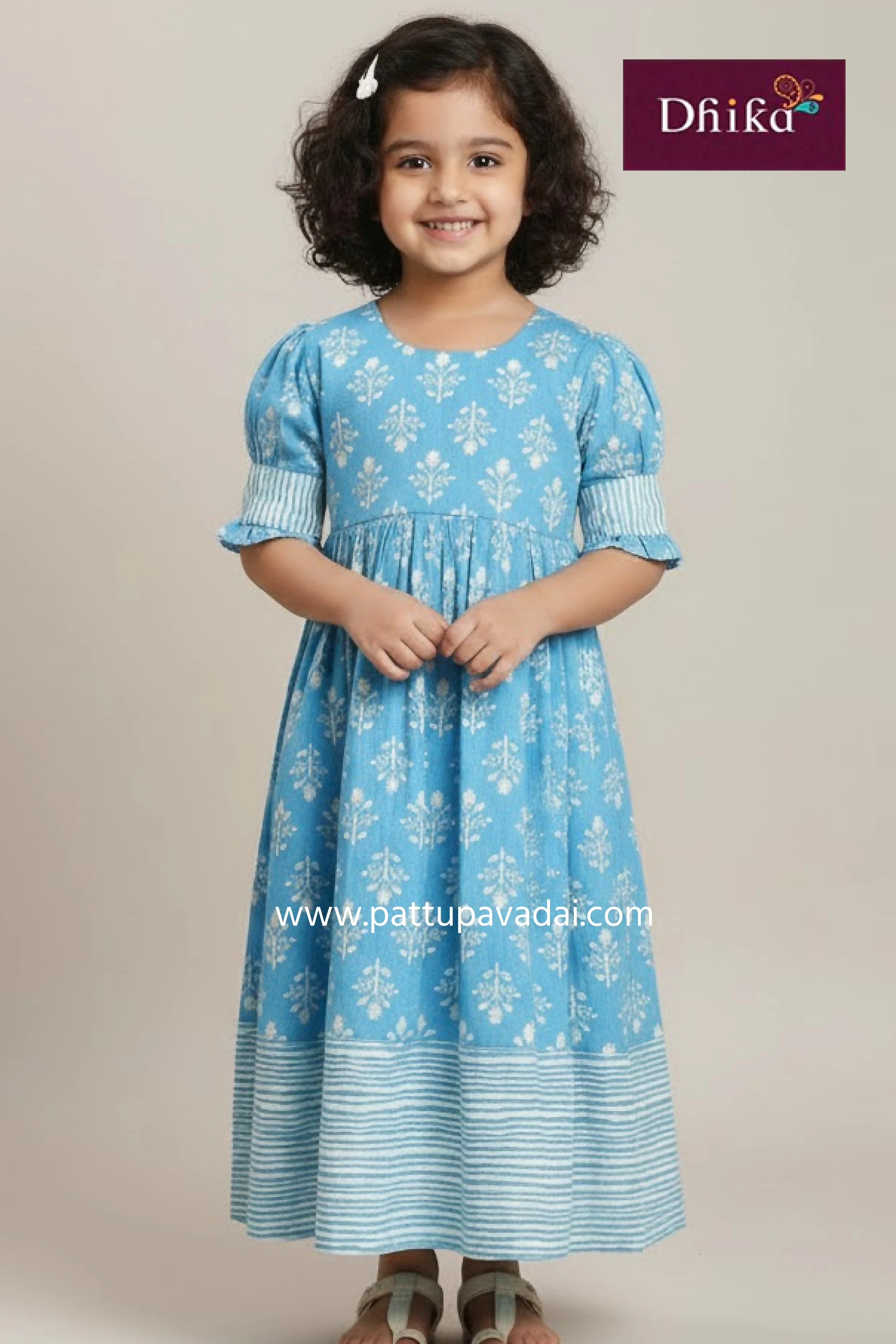Pure Cotton Long Gown Sky Blue – Soft Cotton Floral Long Dress for Kids