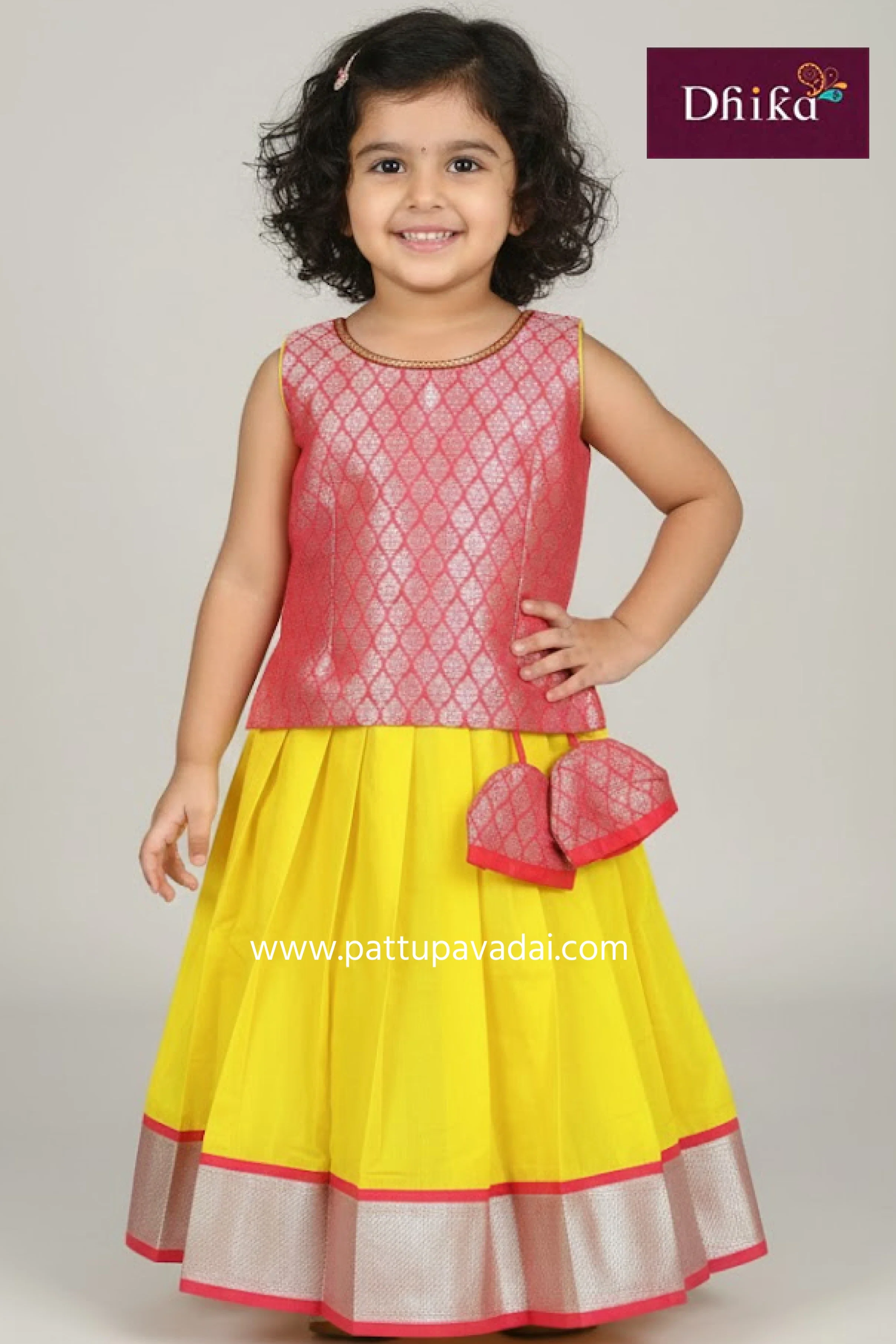 Art Silk Designer Pavadai Red and Yellow – Traditional Pattu Pavadai for Kids