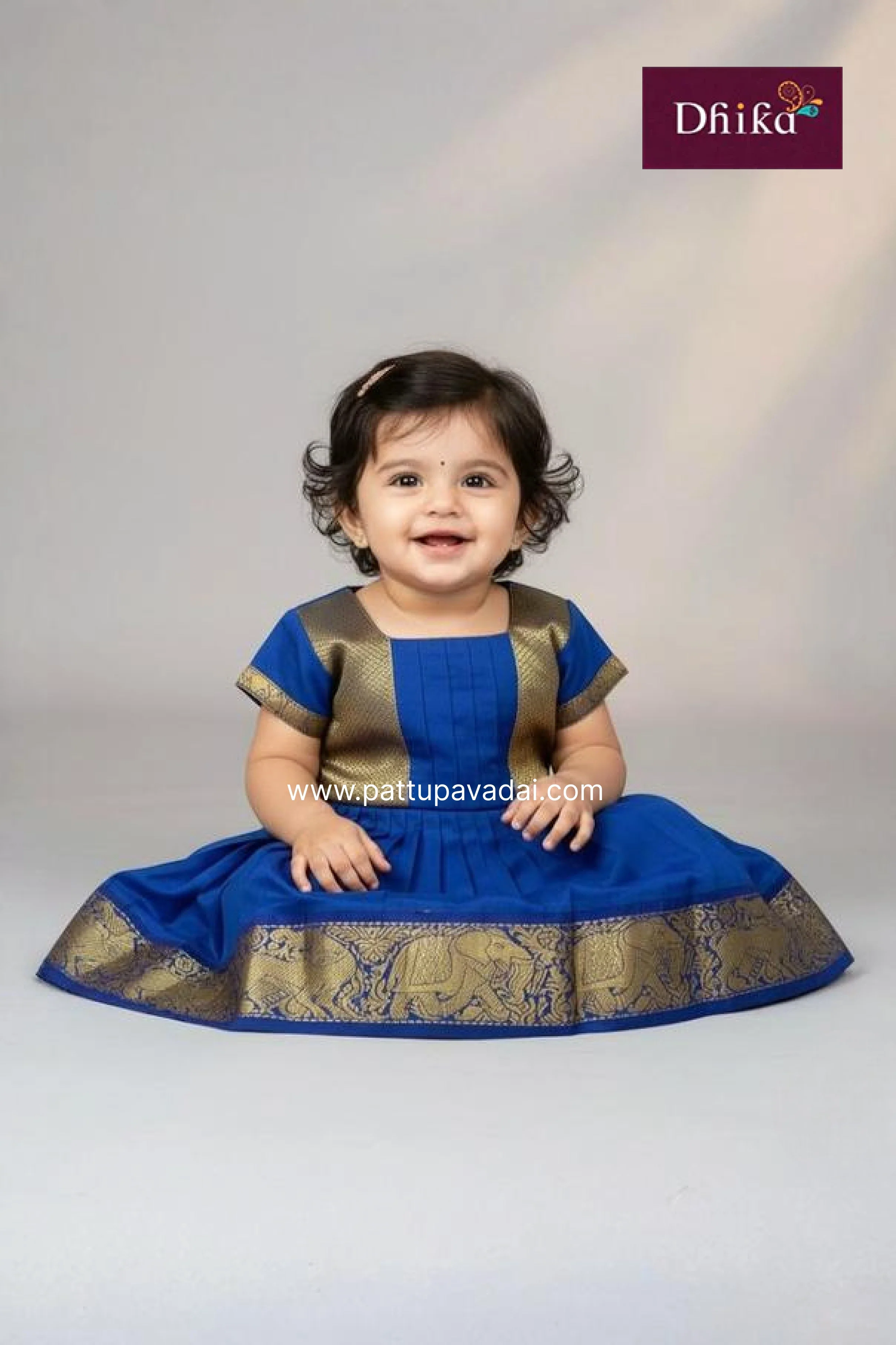 Golden & Blue Pure Silk Frock for Girls | Kids Party Wear Dress