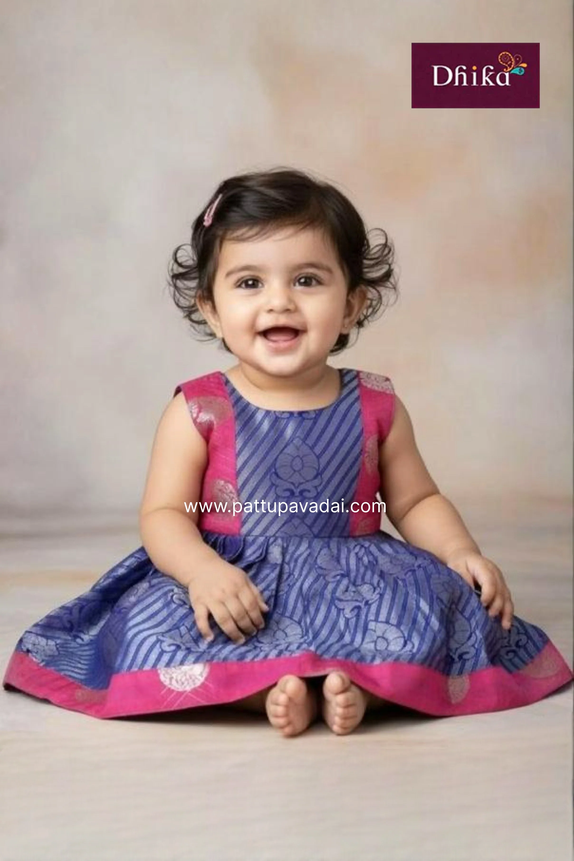 Blue & Pink Striped Pure Silk Frock for Girls | Kids Party Wear